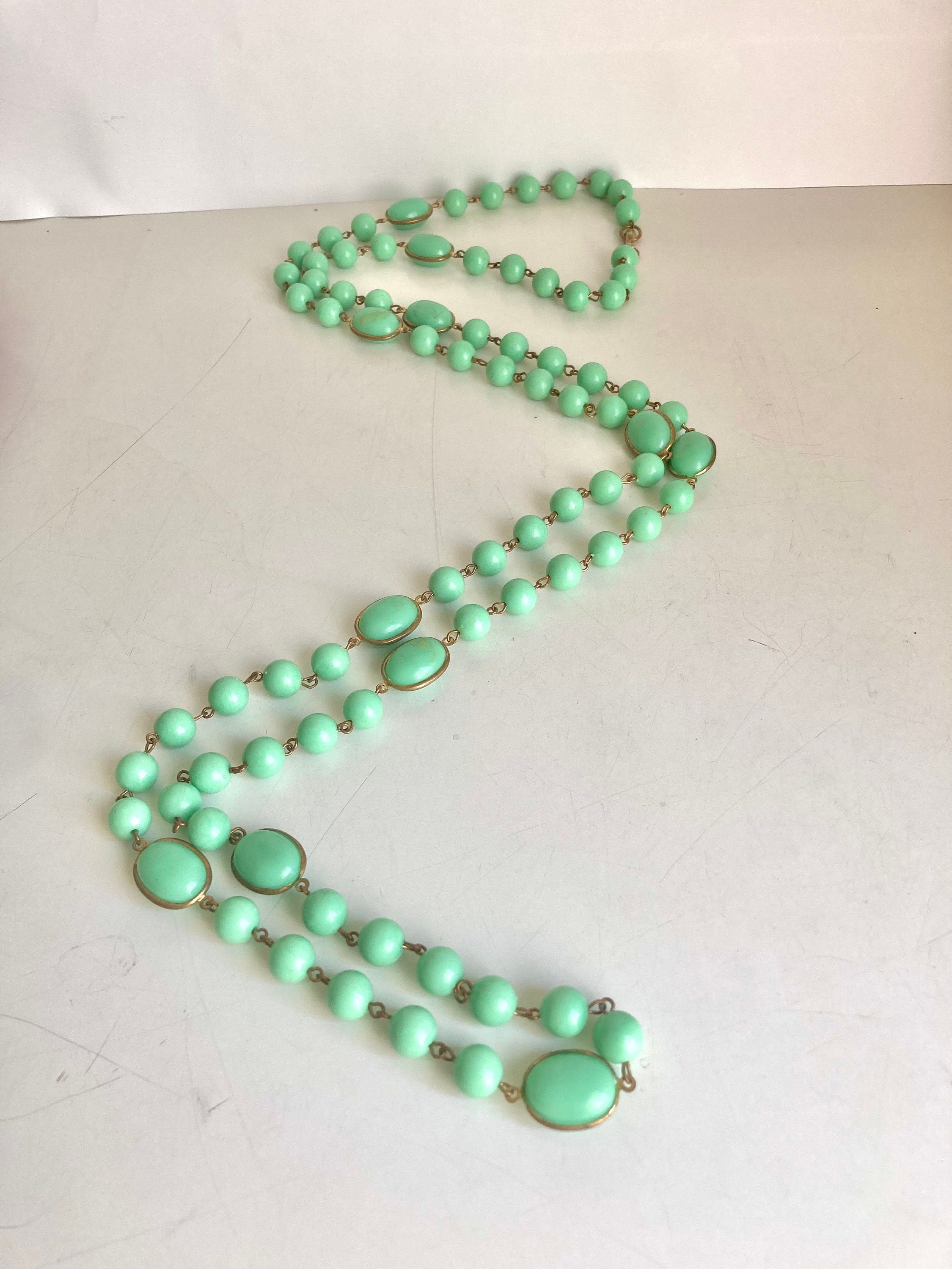 1960s Turquoise Plastic Bead Necklace: Long Costume Jewelry