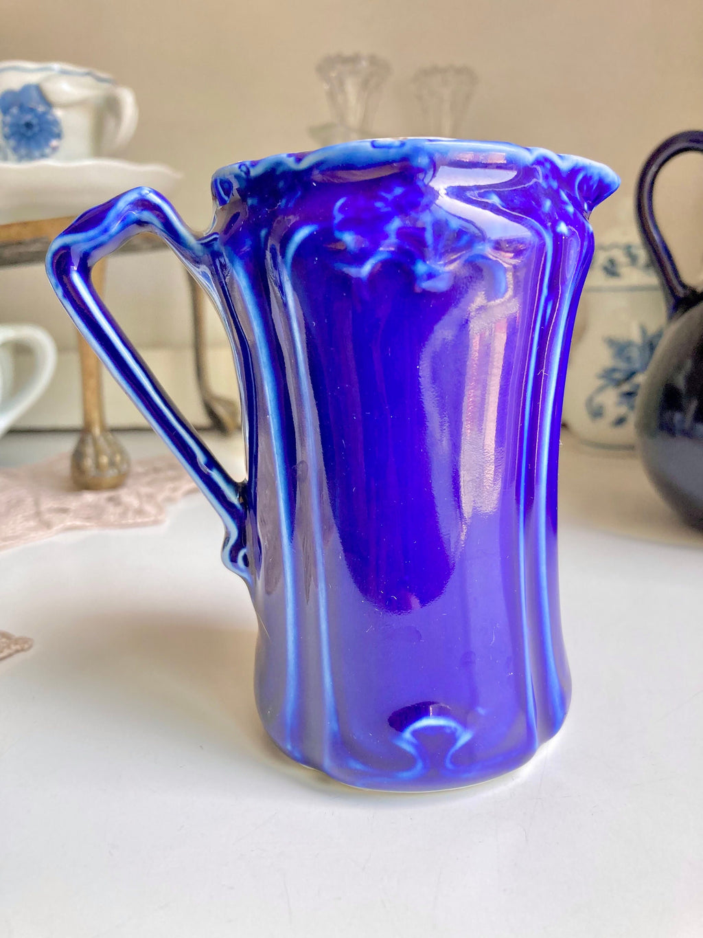 Antique Blue Ceramic Creamer Pitcher: Flow Blue or Cobalt, Choice