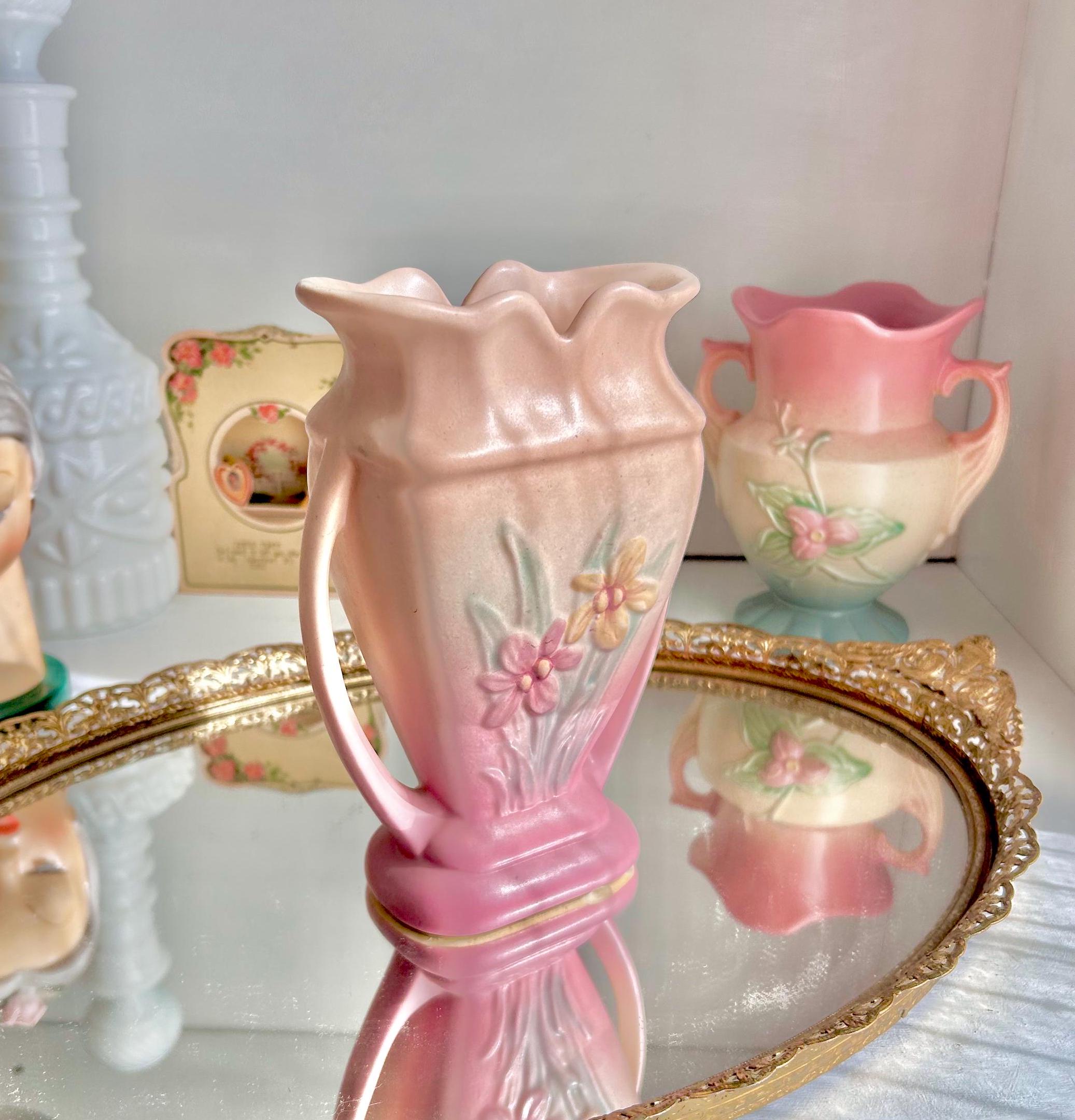 Vintage Hull Art Pottery Vase: Pink Floral Urn with Handles