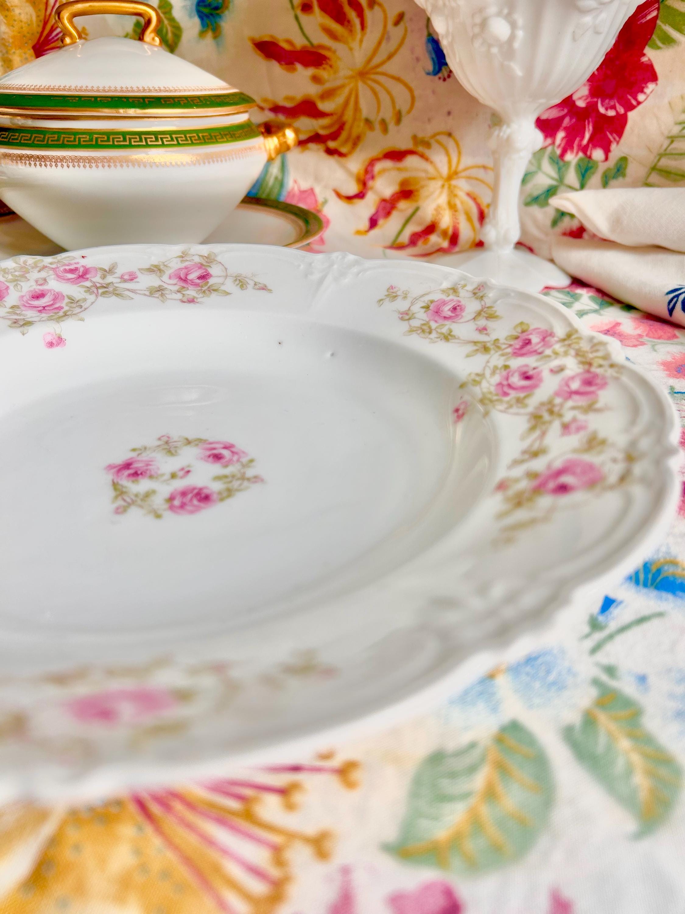 Vintage Bavarian Porcelain Bowl: Pink Roses Garland, Tirschenreuth Germany