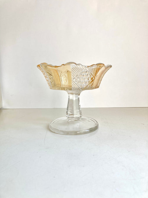 EAPG Amberette 8 Paneled Pedestal Compote Dish - Yellow and Clear, Scalloped Edge - 4.25" tall