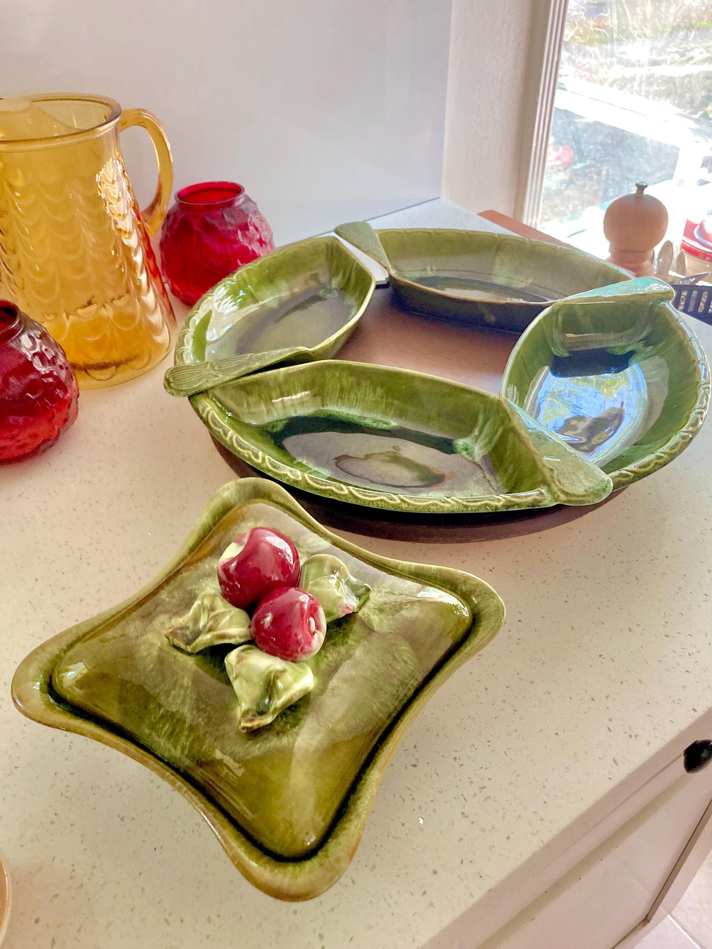 Vintage Wade Calif. Ceramics Party Platter: Apple Lidded Bowl Lazy Susan