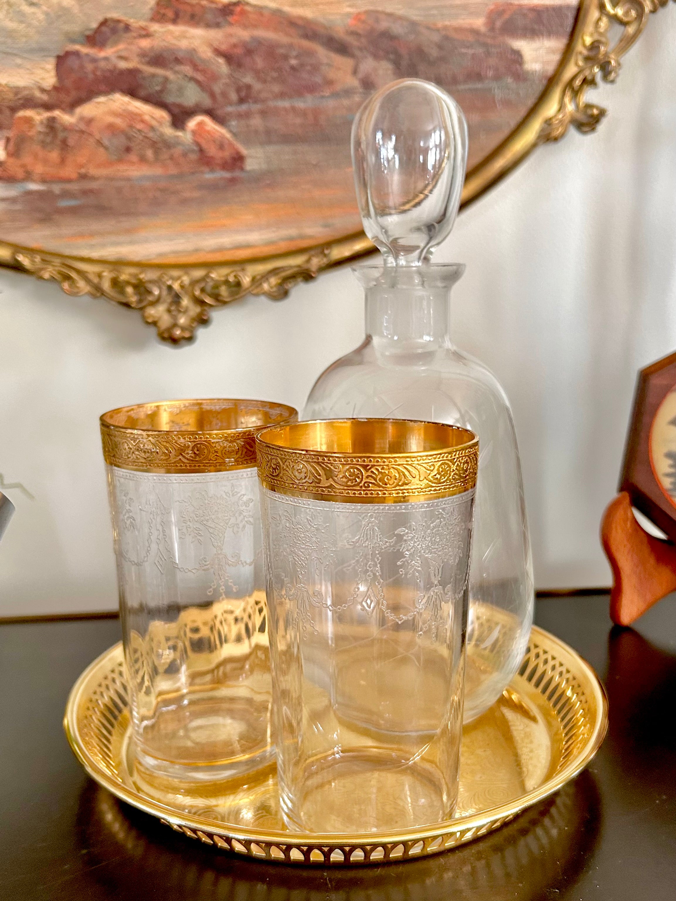 Midcentury Tiffin Ribbed Gilt Glass Tumblers set of 6
