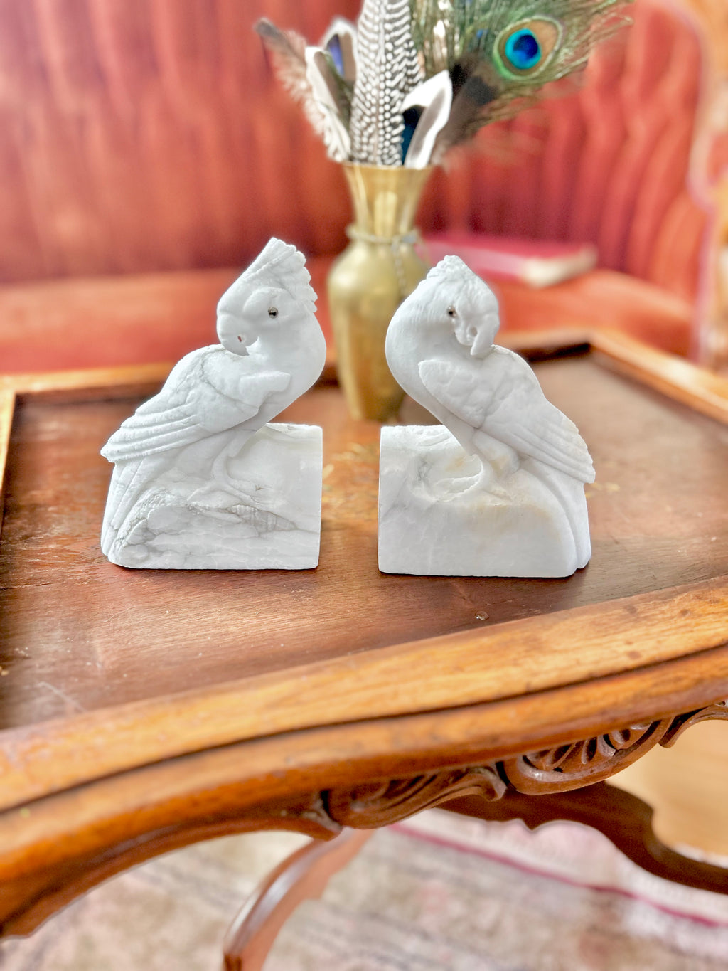 Vintage Hand-carved Natural Stone Bird Bookends - Vintage Worn