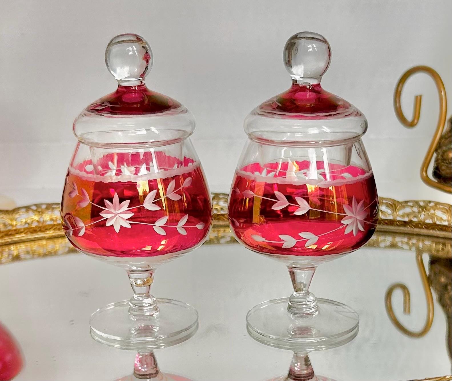 Vintage Cranberry Cut-to-Clear Glass Canister: Bohemian Ruby Red Candy Jar