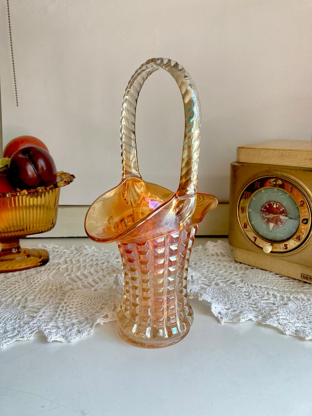 Vintage Imperial Marigold Carnival Glass Basket Vase: Waffle Block Pattern, Braided Handle