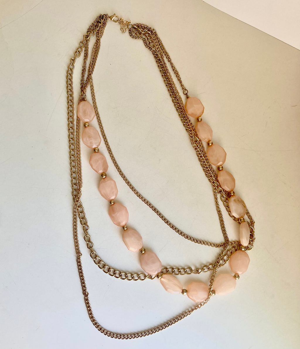 34" vintage Gold Tone Chain and Blush Pink Gem-Cut Beaded 4-Layered Necklace