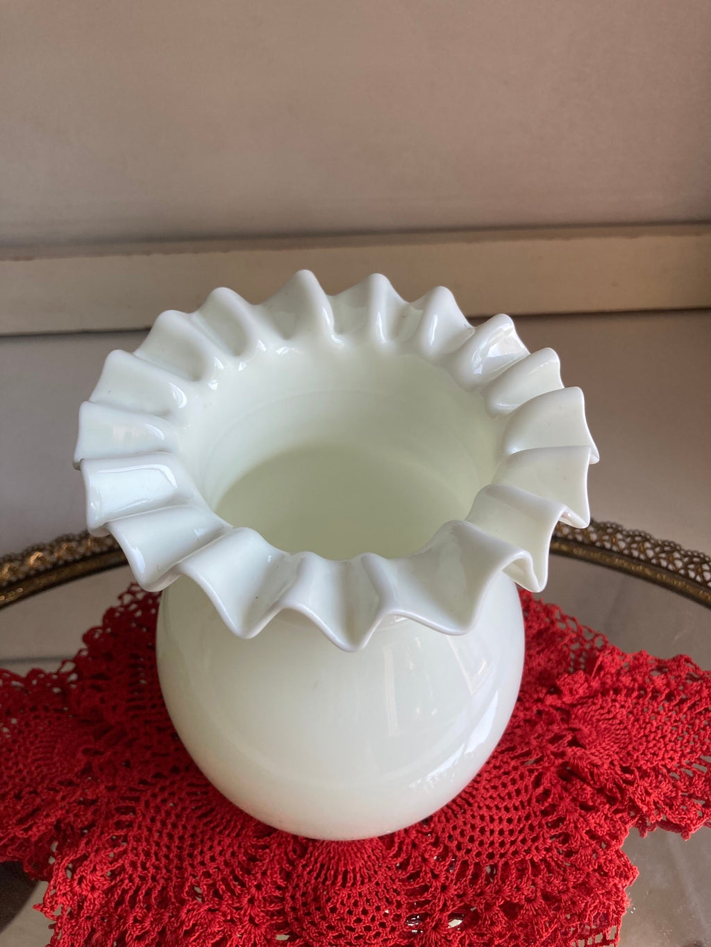 Vintage Blown Milk Glass, Crimped Rim Vase - Portugal