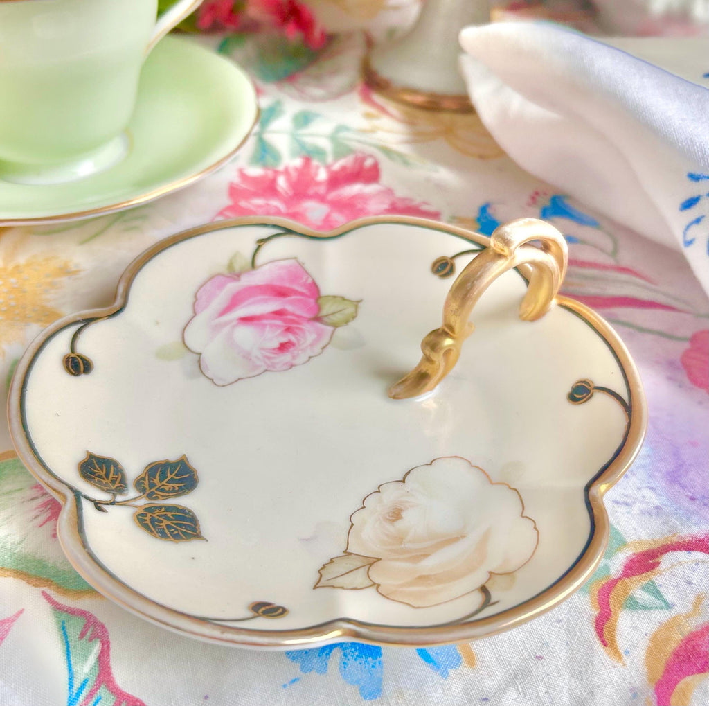 Vintage Bavaria Porcelain Finger Loop Plate: Floral Rose Serving Dish