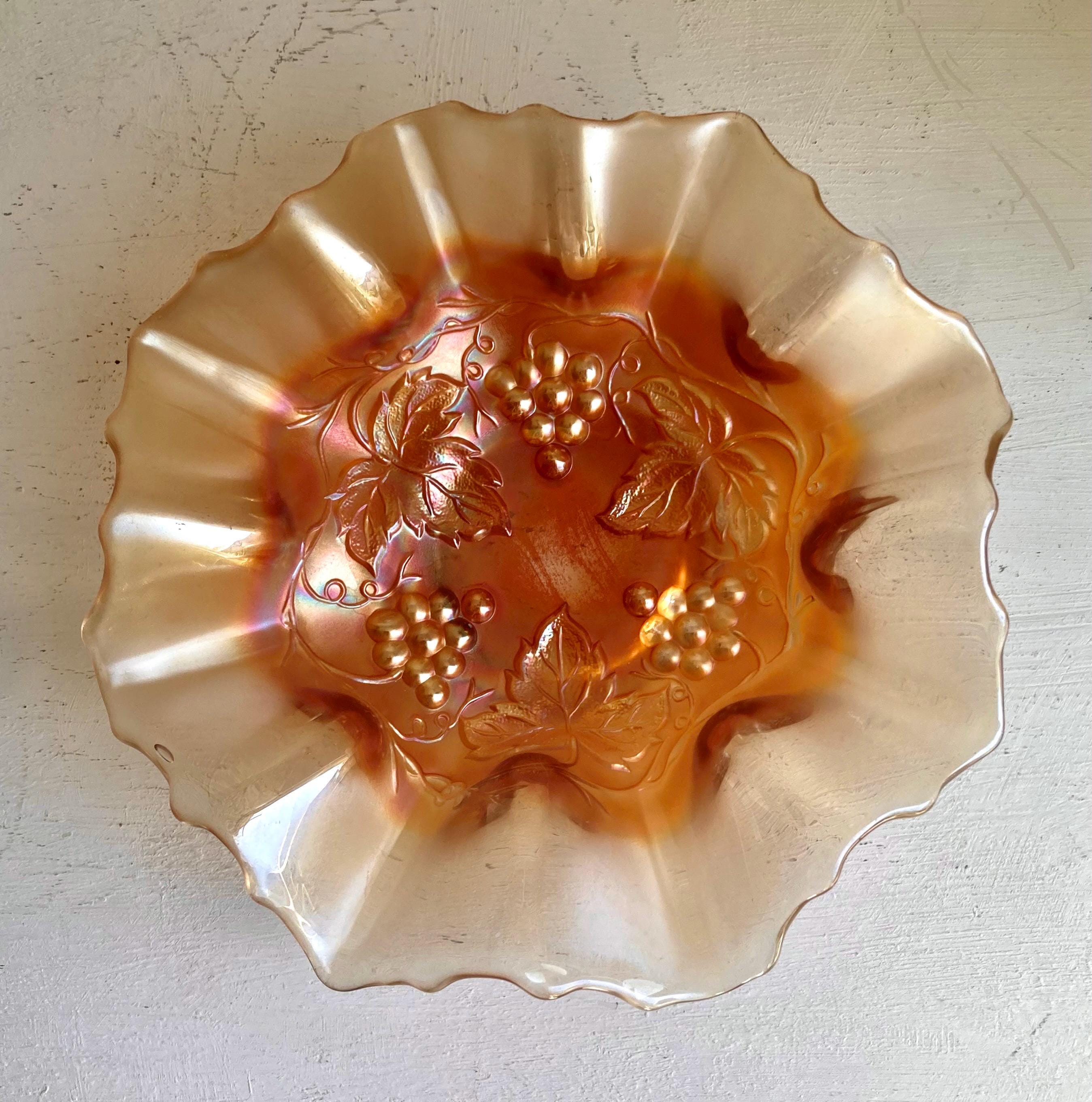 Vintage Dugan Golden Grape Marigold Carnival Glass Ruffled Bowl 7 1/4" diameter