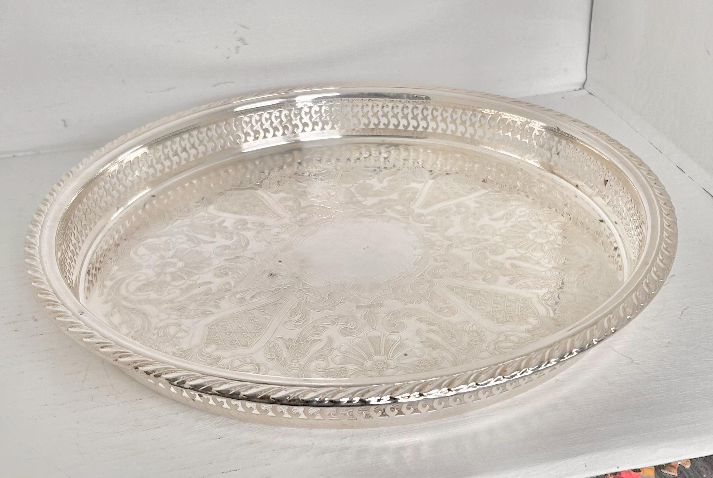 Large 15 inch Vintage Silverplate Gallery Tray Reticulated Rim Oneida USA