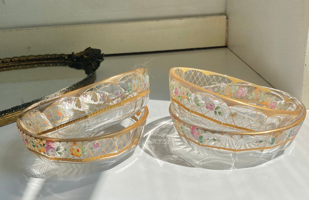 Vintage Hand-Painted Floral Glass Dessert Set: Gilt Sunburst Bowls & Jar