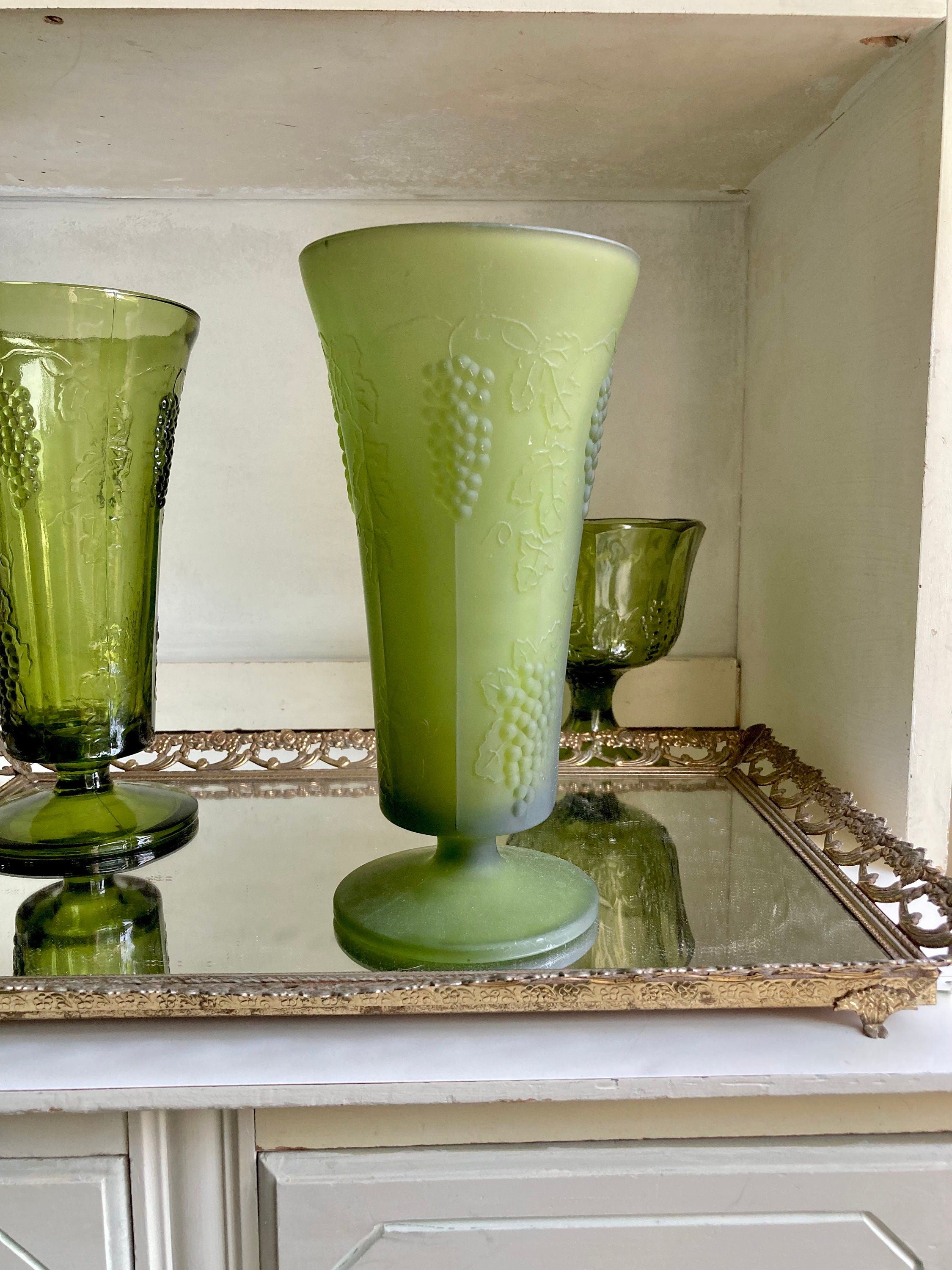 Vintage Green Glass Harvest Grape Pattern Pedestal Vases and Compote: Choose from 4