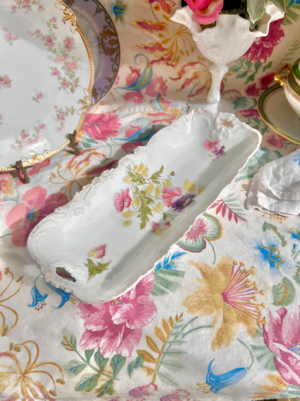 Vintage Porcelain Tray: Pink & Purple Poppies, Gilt Rim, Bavaria Germany