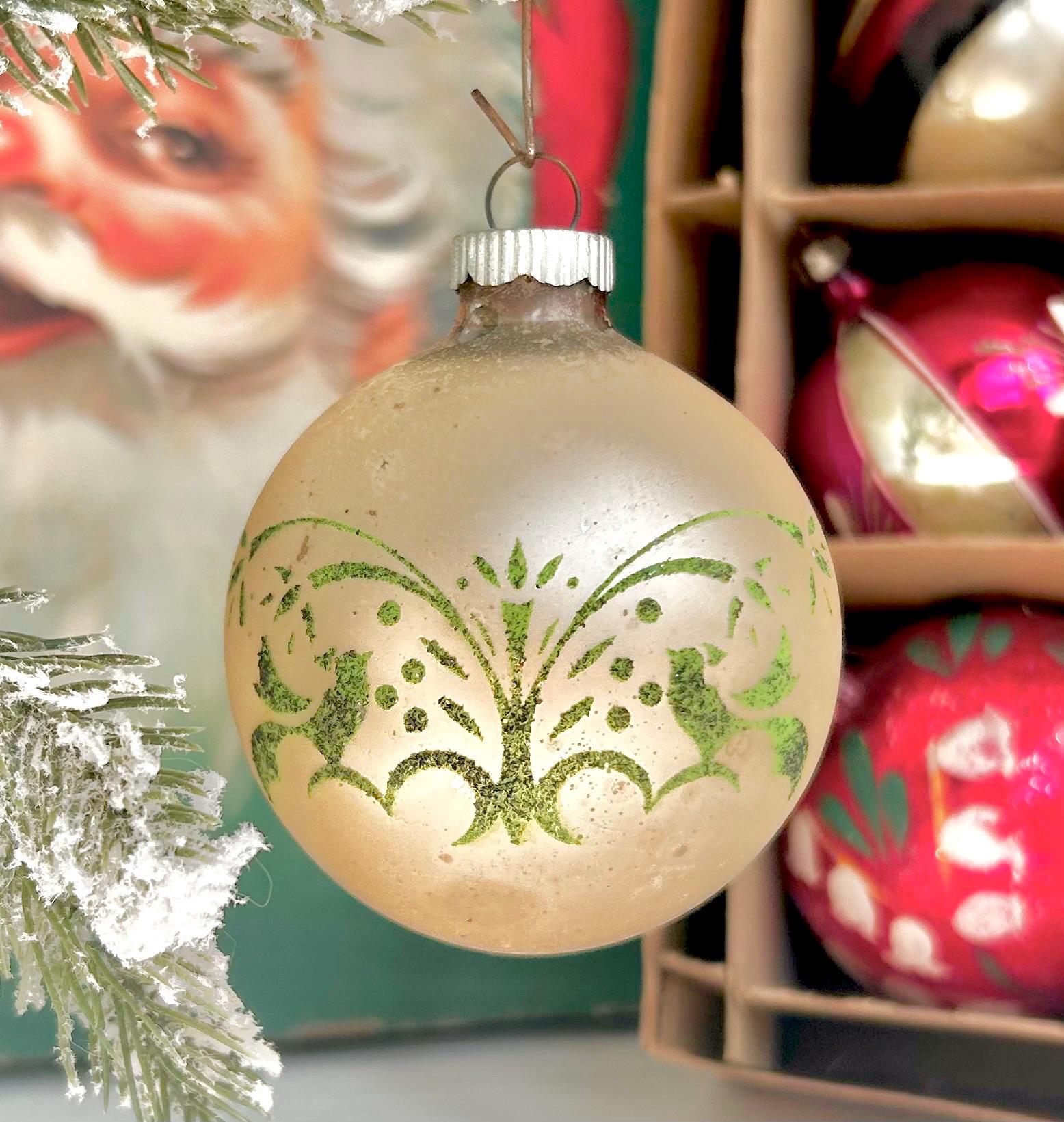 Vintage Stenciled Glass Christmas Ornament: Flocked Holiday Bulbs, USA Made