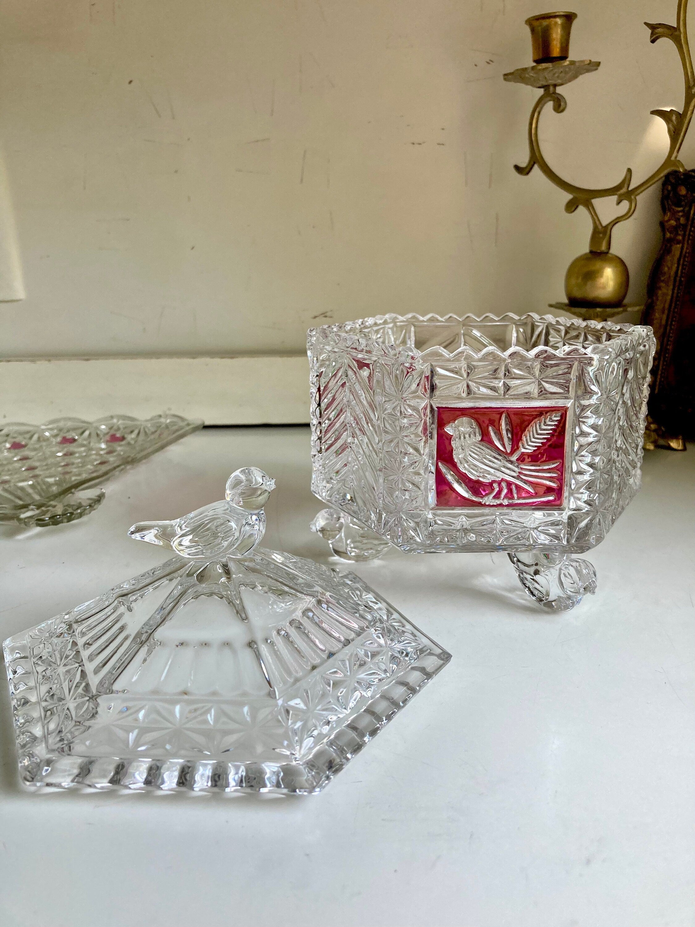 Hofbauer Red Flashed Byrde Crystal Collection Lidded Candy Dish with Bird Feet and Handle