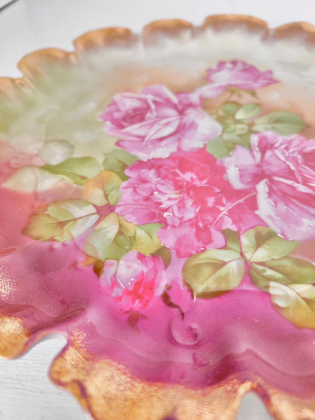 Vintage Transferware Porcelain Plate with Pink Roses