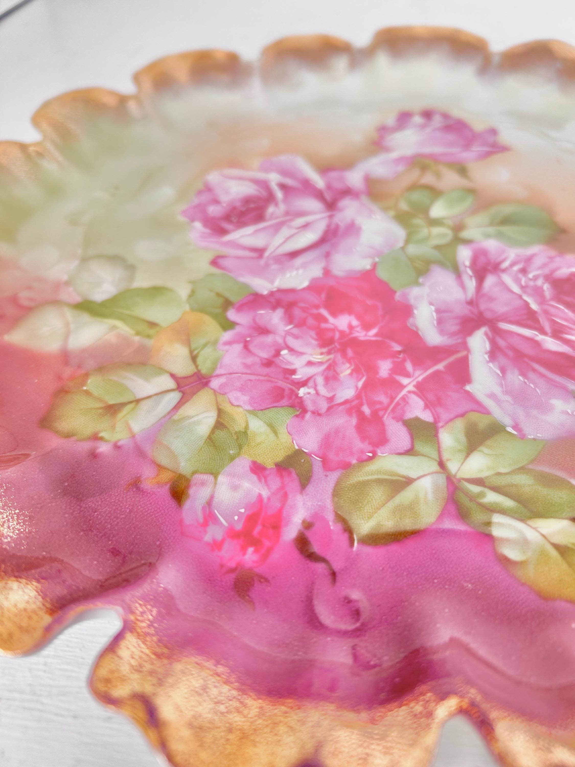 Vintage Transferware Porcelain Plate with Pink Roses