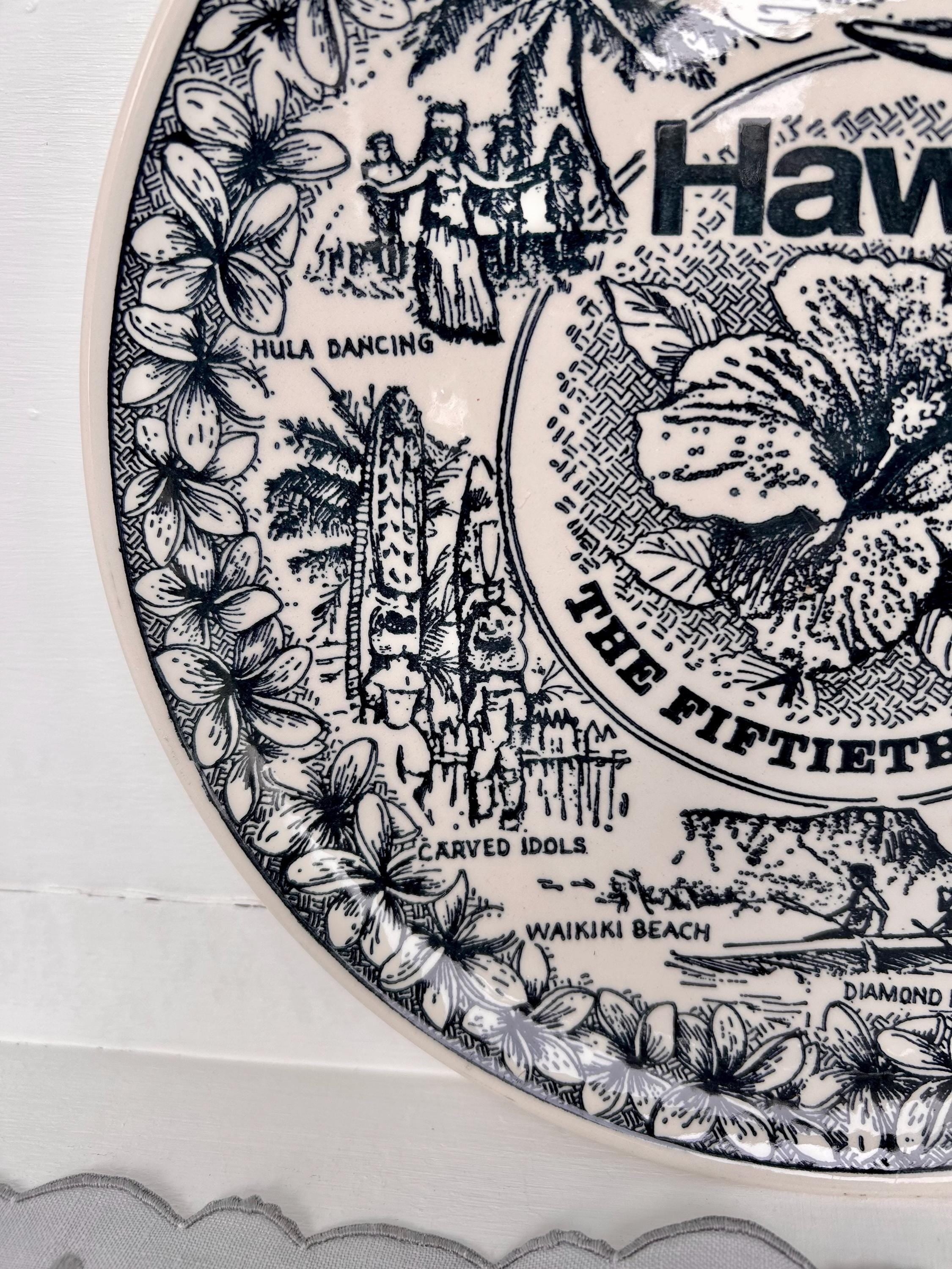 Vintage Hawaii Souvenir Plate: Navy Blue & White American Ironstone