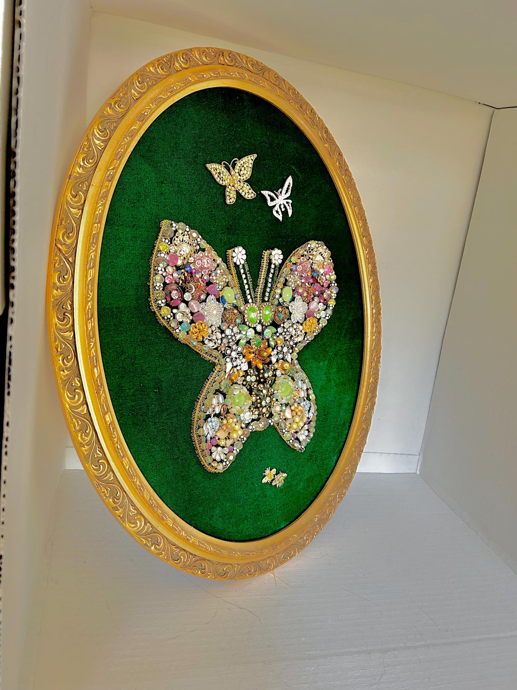Vintage Kitsch Butterfly Art: Velvet, Baubles & Rhinestones in Ornate Gold Frame
