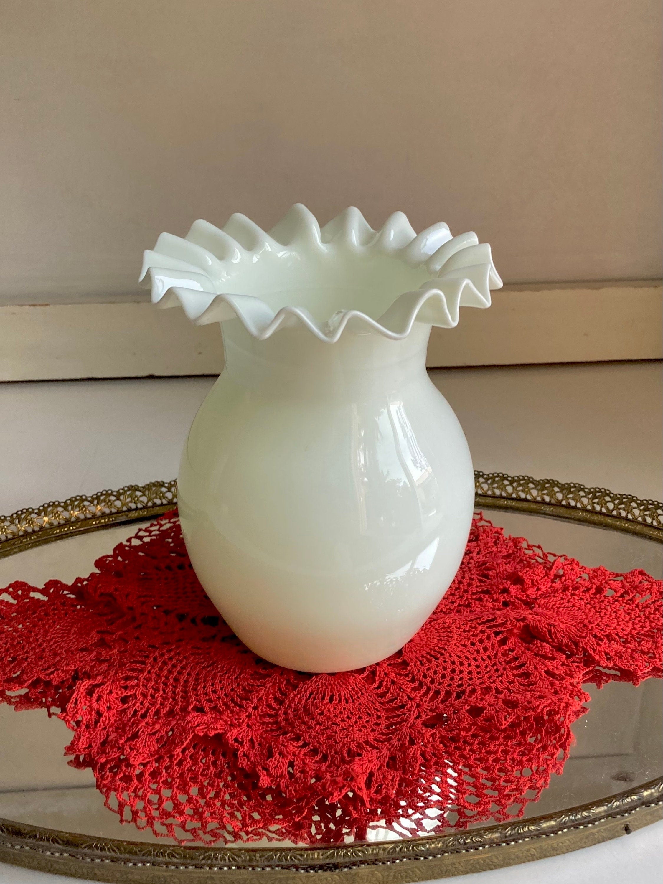 Vintage Blown Milk Glass, Crimped Rim Vase - Portugal