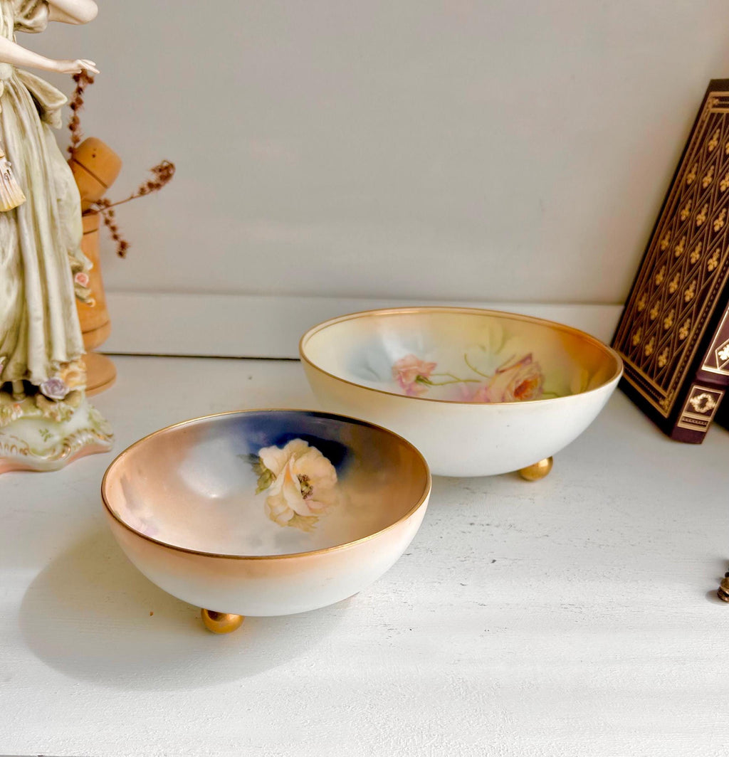 Antique Royal Rudolstadt Prussia Porcelain Bowls: Hand-Painted Rose Floral, Gilt Footed - Set of 2