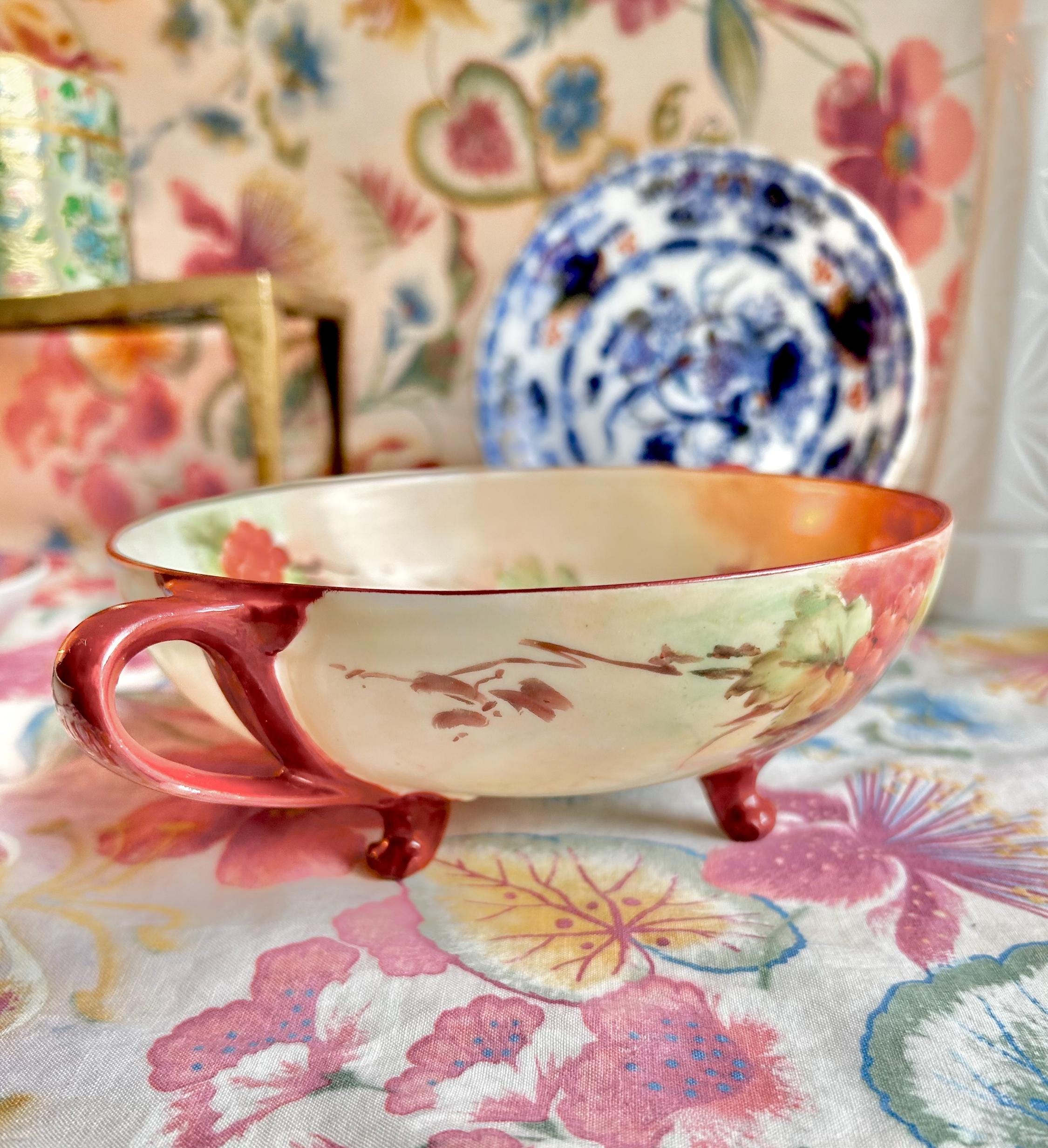 Antique MZ Austria Porcelain Footed Bowl: Hand-Painted Harvest Grape (CHIP!)