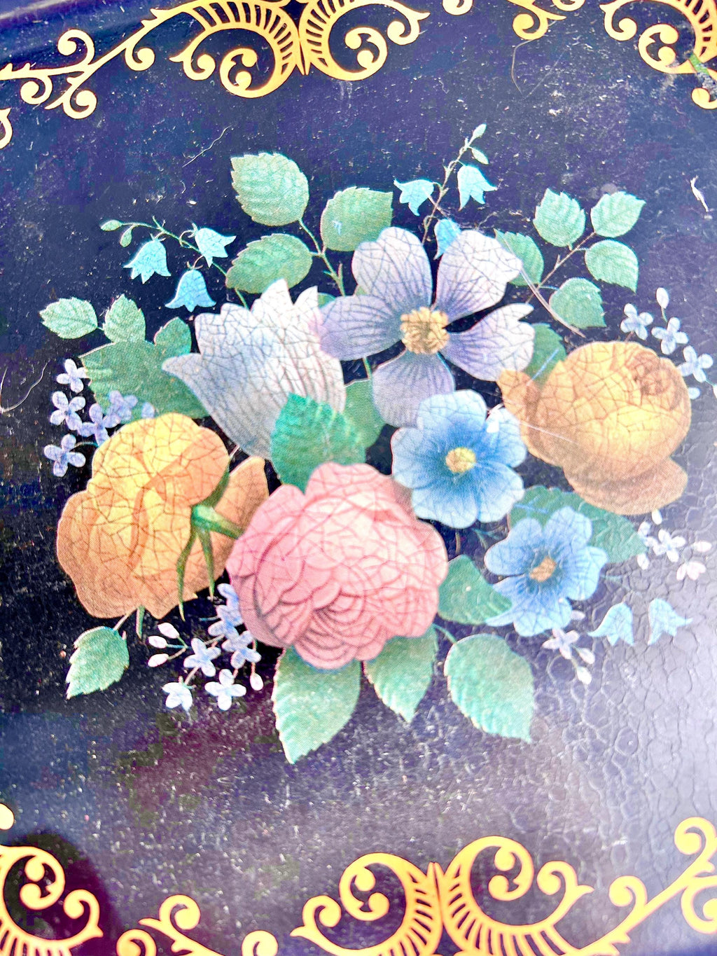 Vintage Floral Tray: Black & Gold Filigree, Made in England (7 Inch)