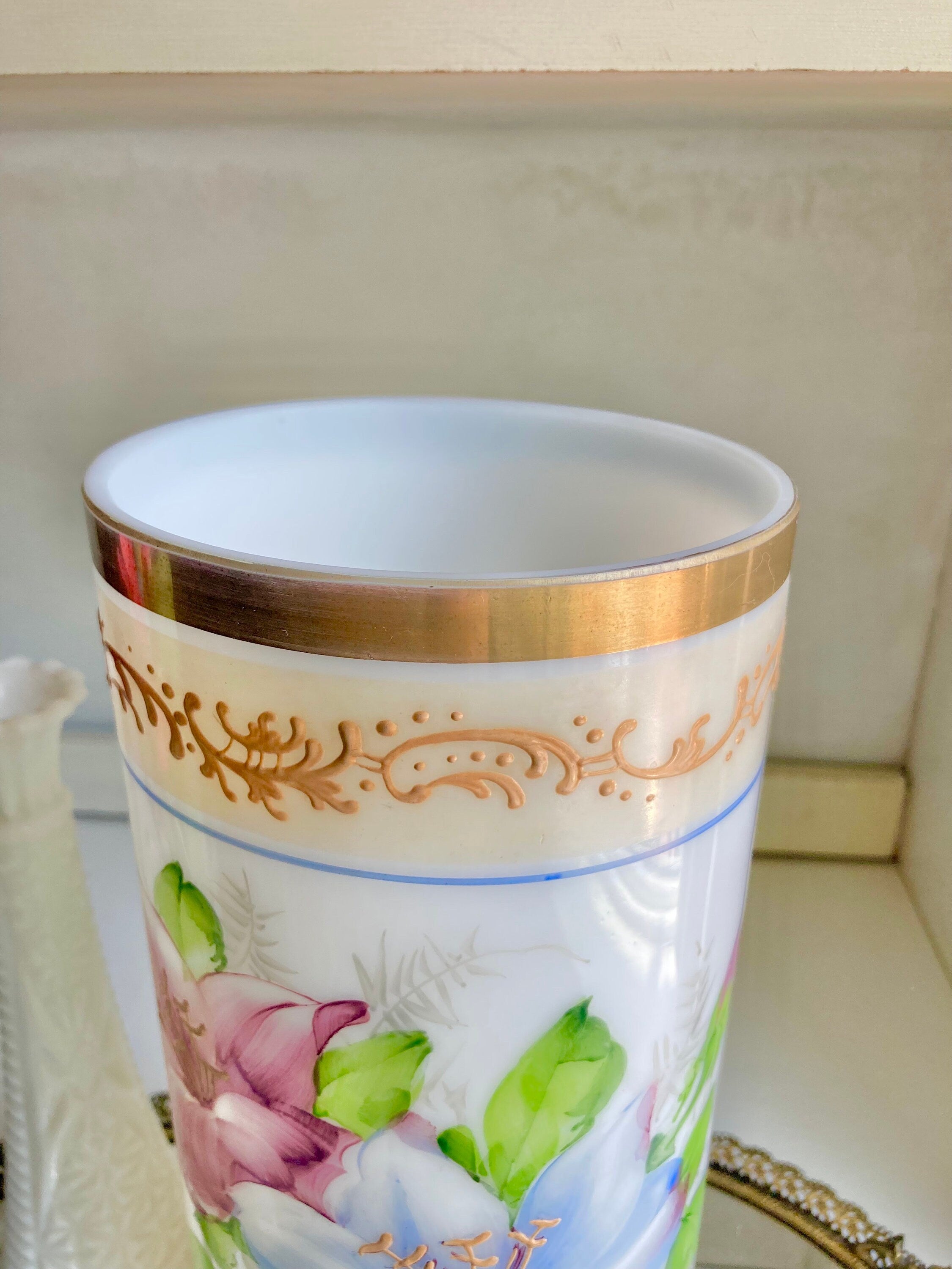 Vintage 1930s Milk Glass Vase – Deluxe Inc Floral Cylinder with Gilt