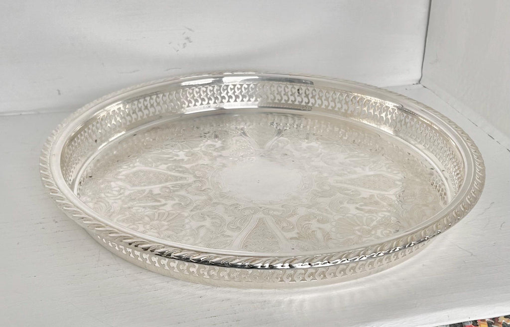 Large 15 inch Vintage Silverplate Gallery Tray Reticulated Rim Oneida USA