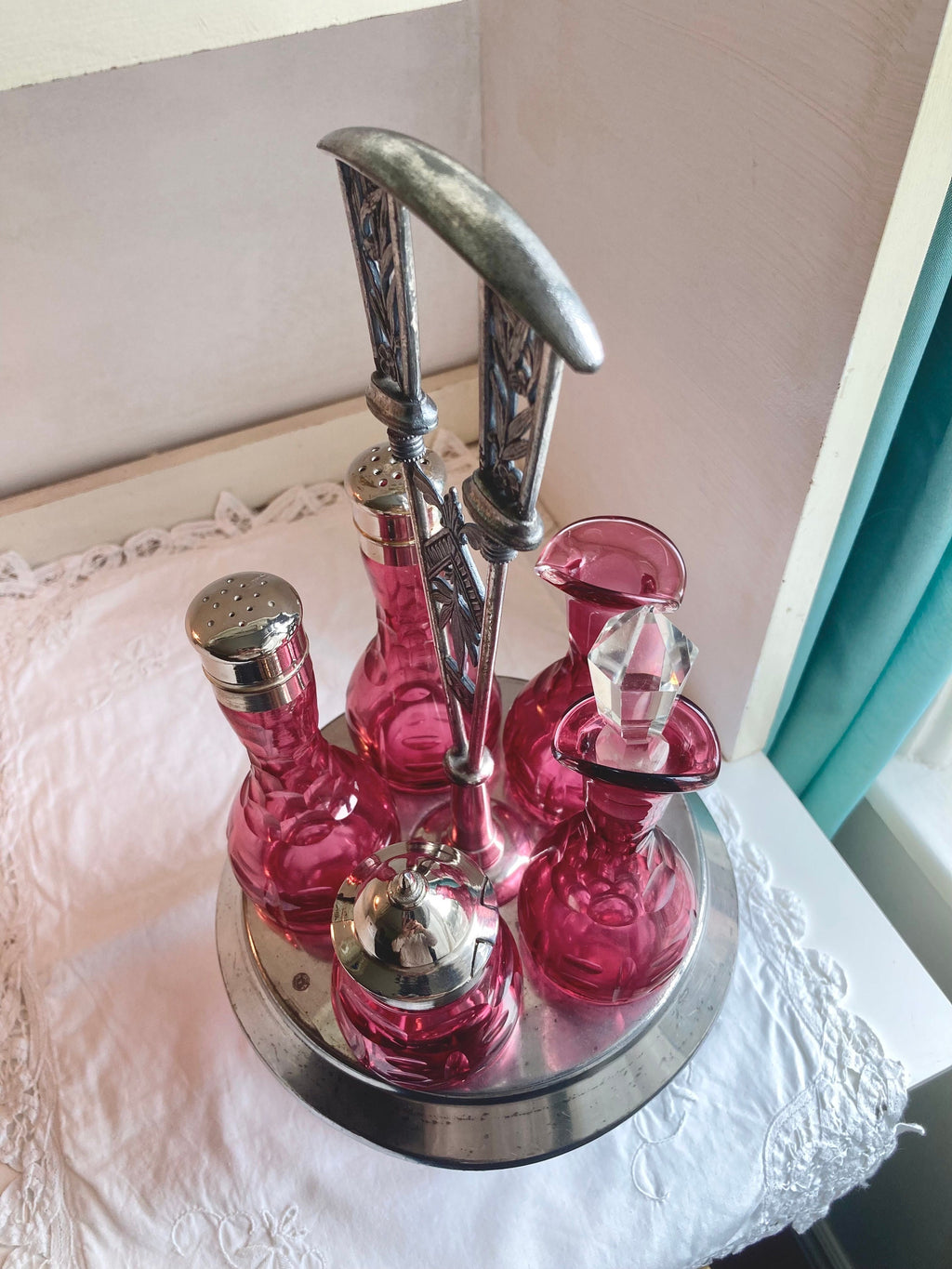 Antique Meriden Silver Plated Cruet Set: Cranberry Thumbprint Glass Bottles