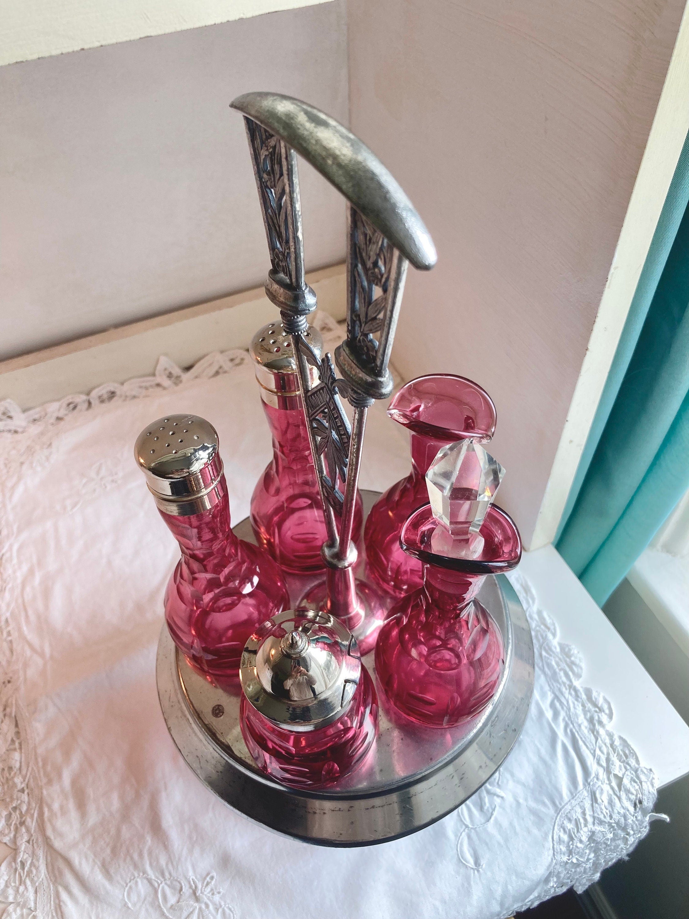 Antique Meriden Silver Plated Cruet Set: Cranberry Thumbprint Glass Bottles