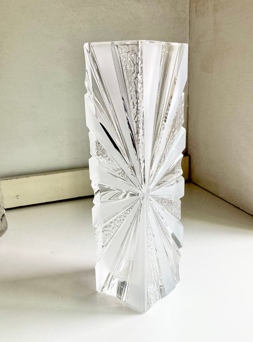 Vintage European Cut Crystal Vases: Geometric Frosted Glass Accents