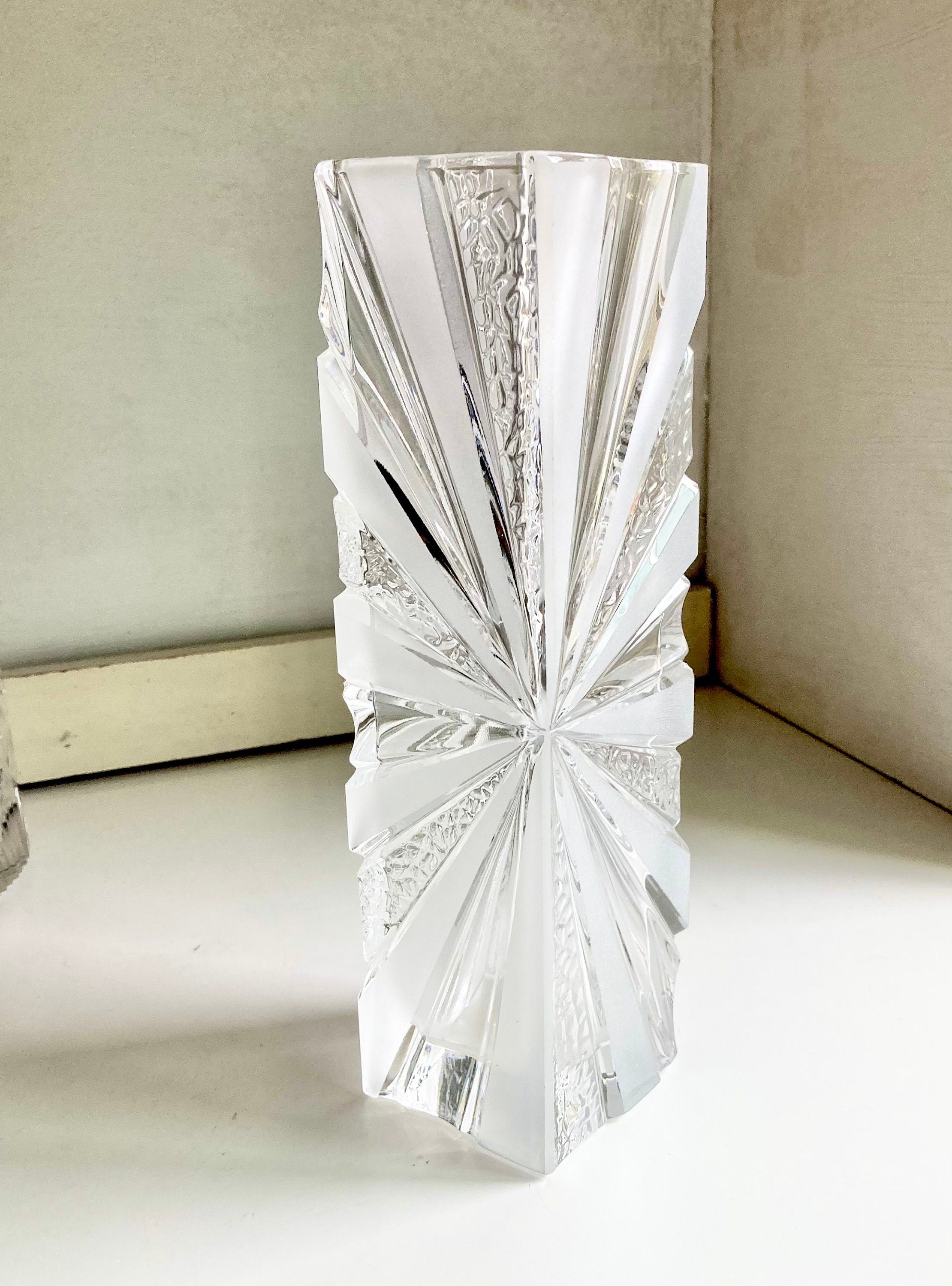 Vintage European Cut Crystal Vases: Geometric Frosted Glass Accents