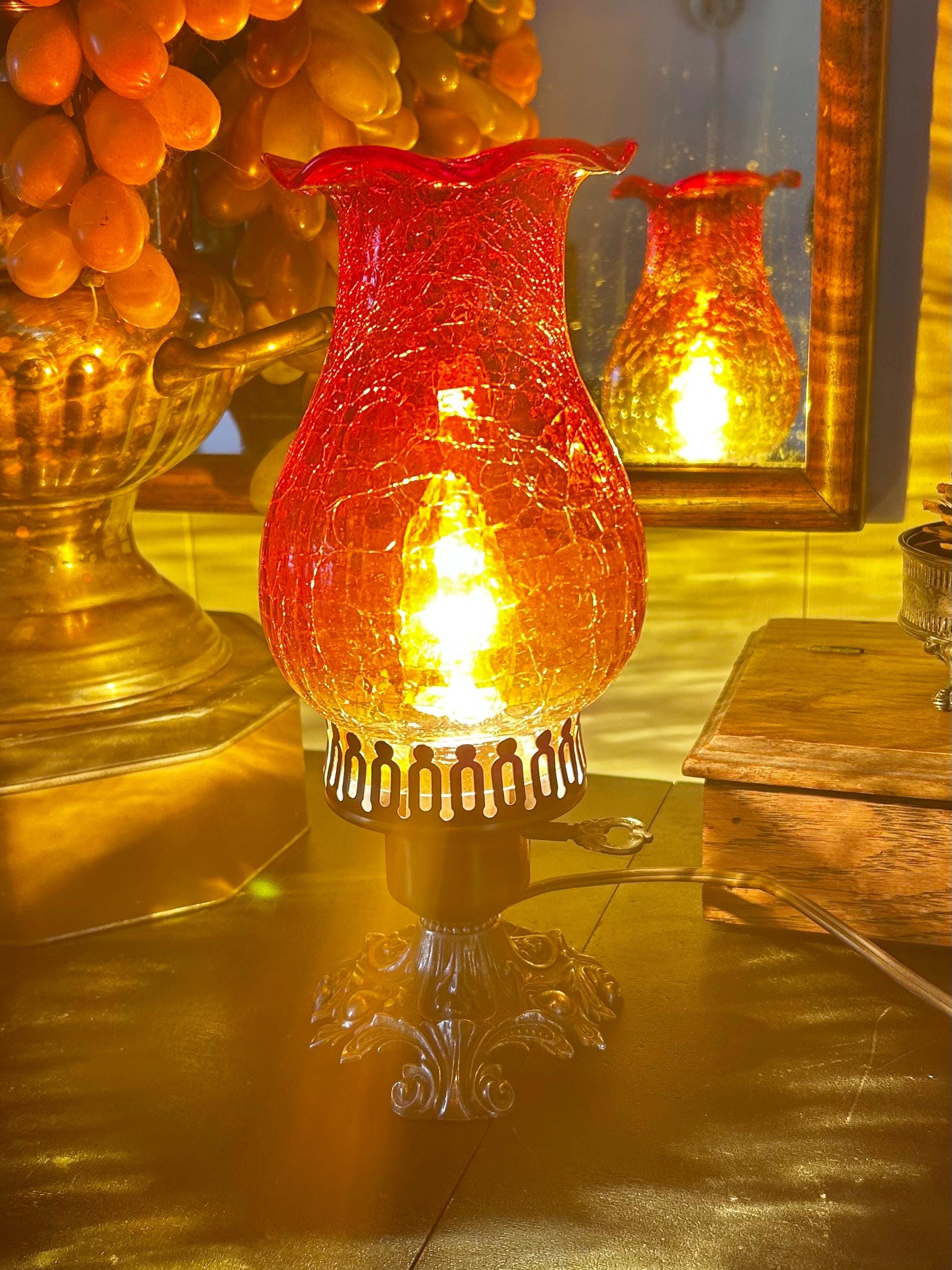 Vintage Amberina Crackle Glass Hurricane Lamp: Brass Base, Ruffled Shade