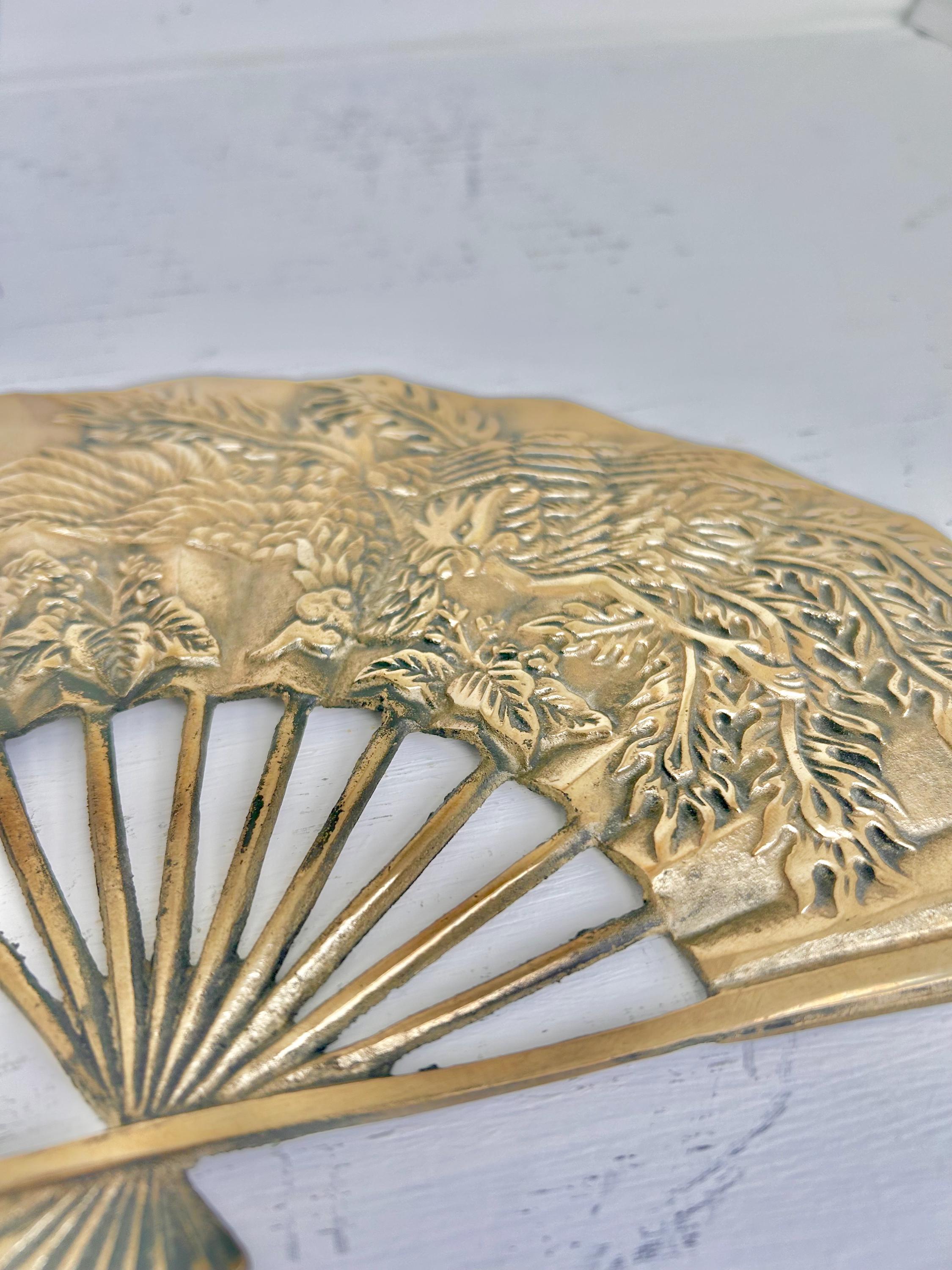 Vintage Solid Brass Wall Decor or Trivet- Open Fan with Phoenix or Dragon Relief