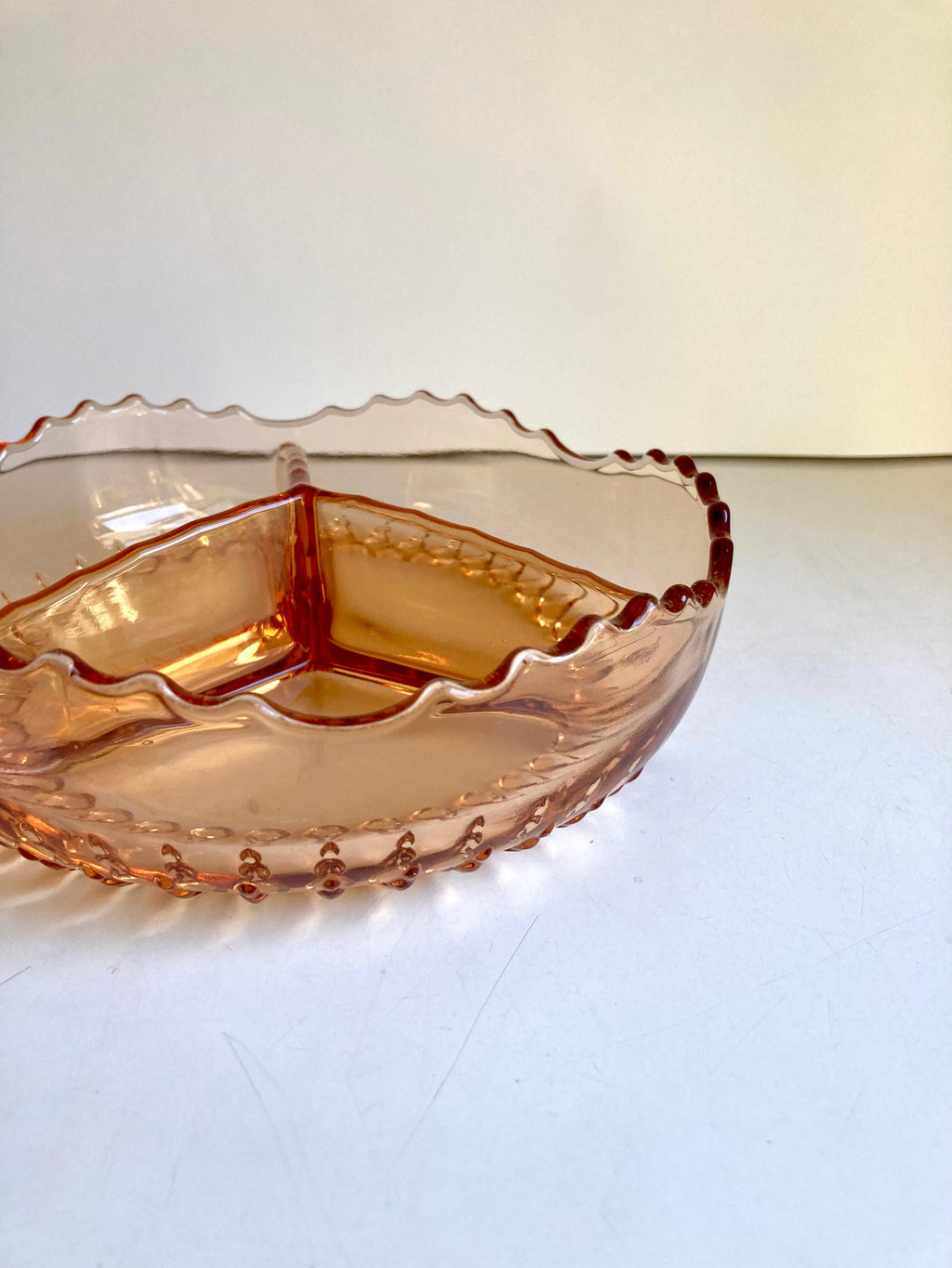 Vintage Amber Glass Divided Dish: Sawtooth Edge, 7-inch