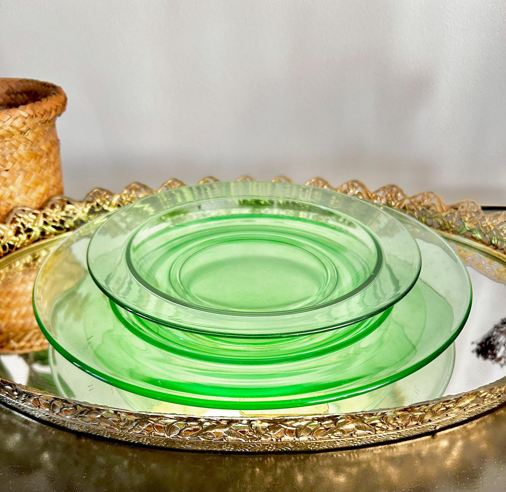 Vintage Uranium Green Heavy Pressed Glass Two-piece Dining Set