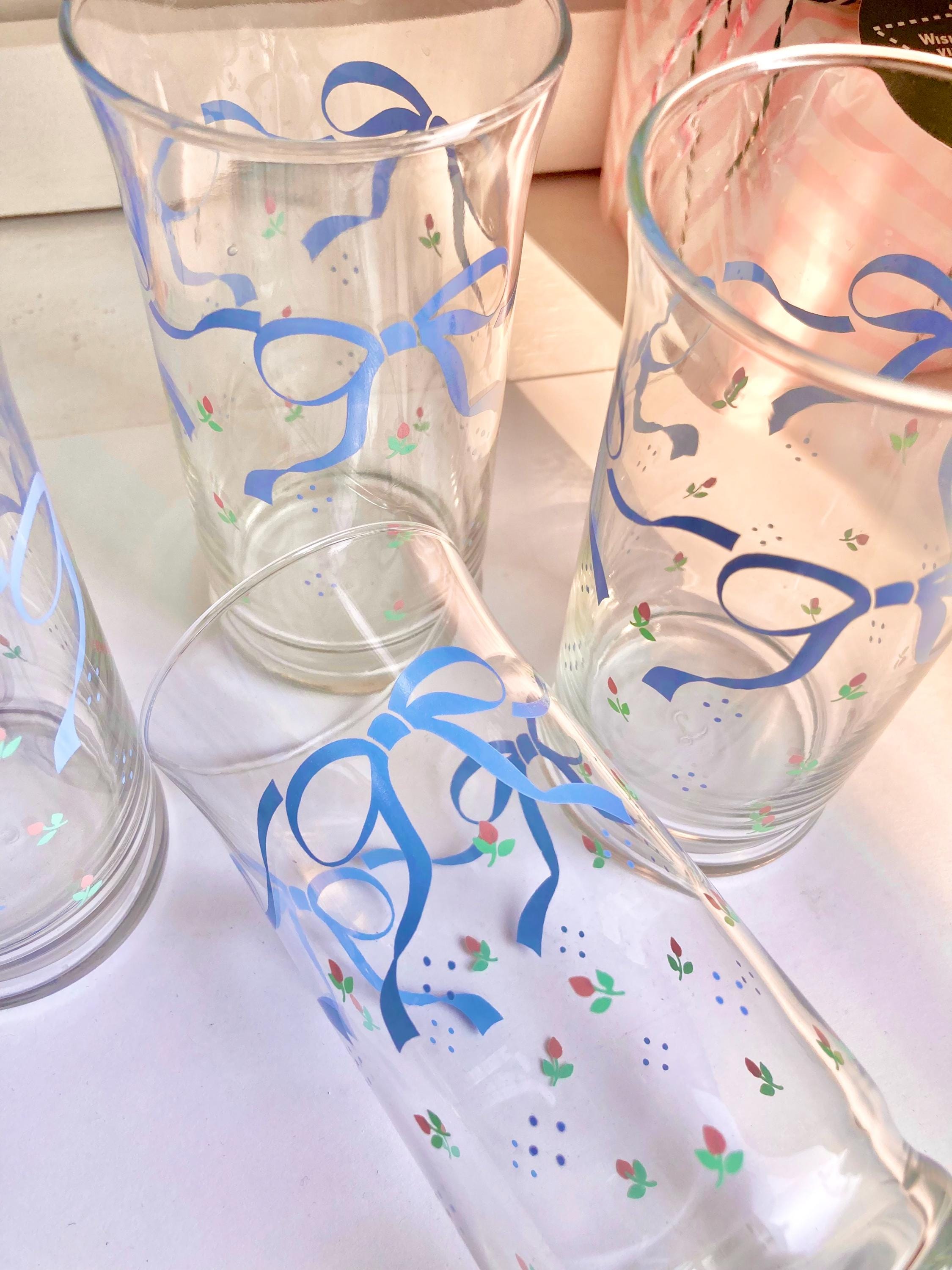 Vintage Libbey Glassware Set: Blue Ribbon & Rose Floral Glasses