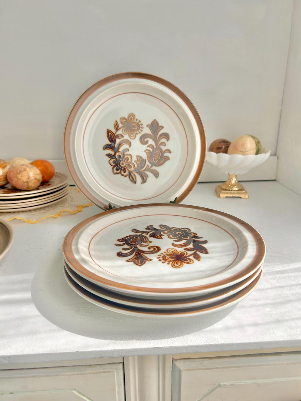 Vintage Stoneware Side Plates Set: Brown Floral Monterrey, Japan