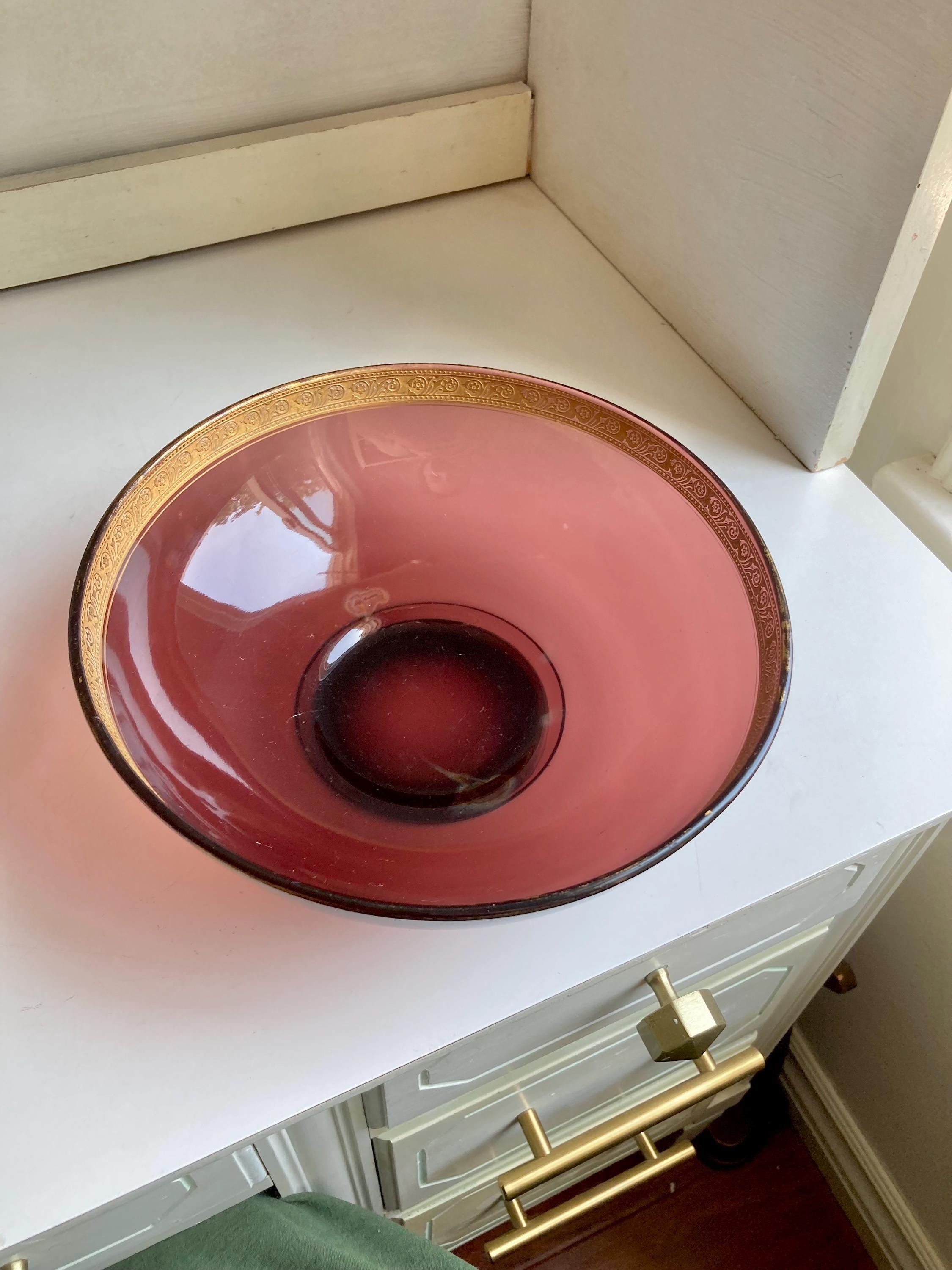 Vintage Purple Amethyst glass 8.75” serving bowl with Ornate Gilt Rim - Worn Finish