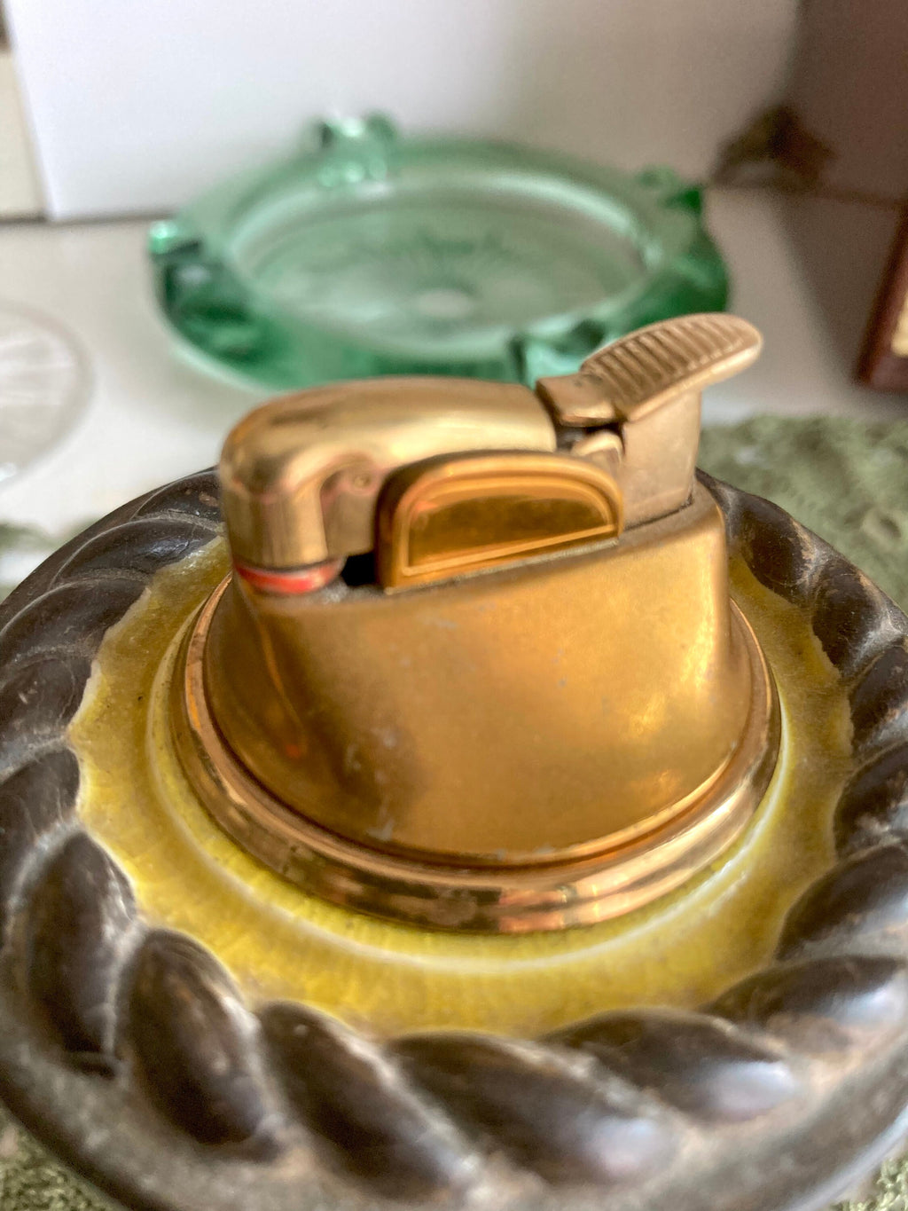 Vintage MCM Evans Table Lighter: Brown Ceramic & Brass Rope Pattern