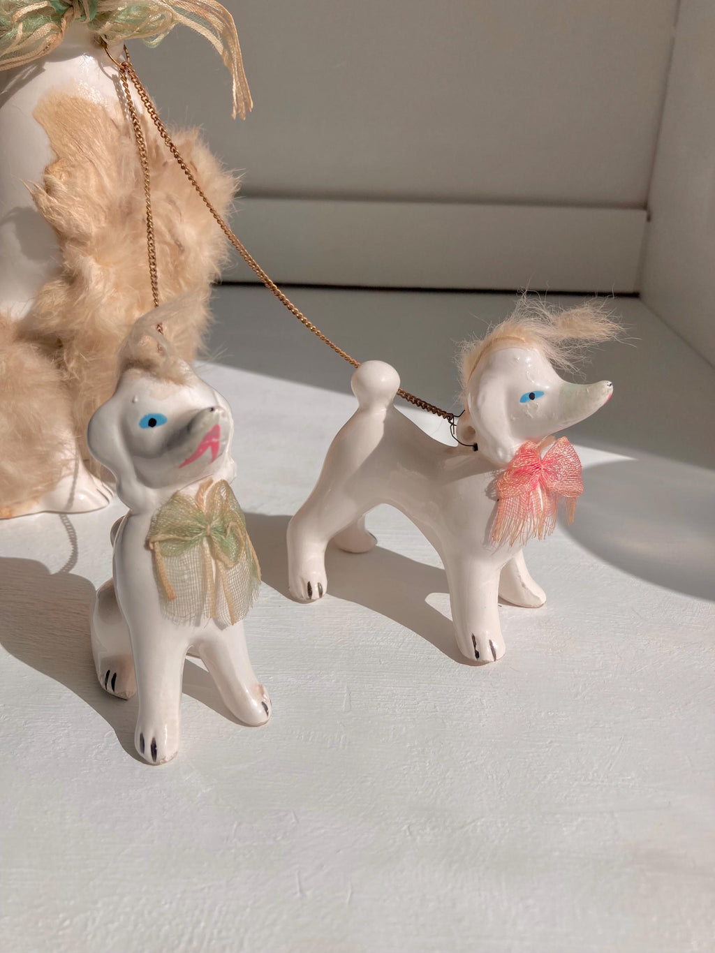 Midcentury Anthropomorphic Ceramic White Poodle mom + 2 pups - Japan
