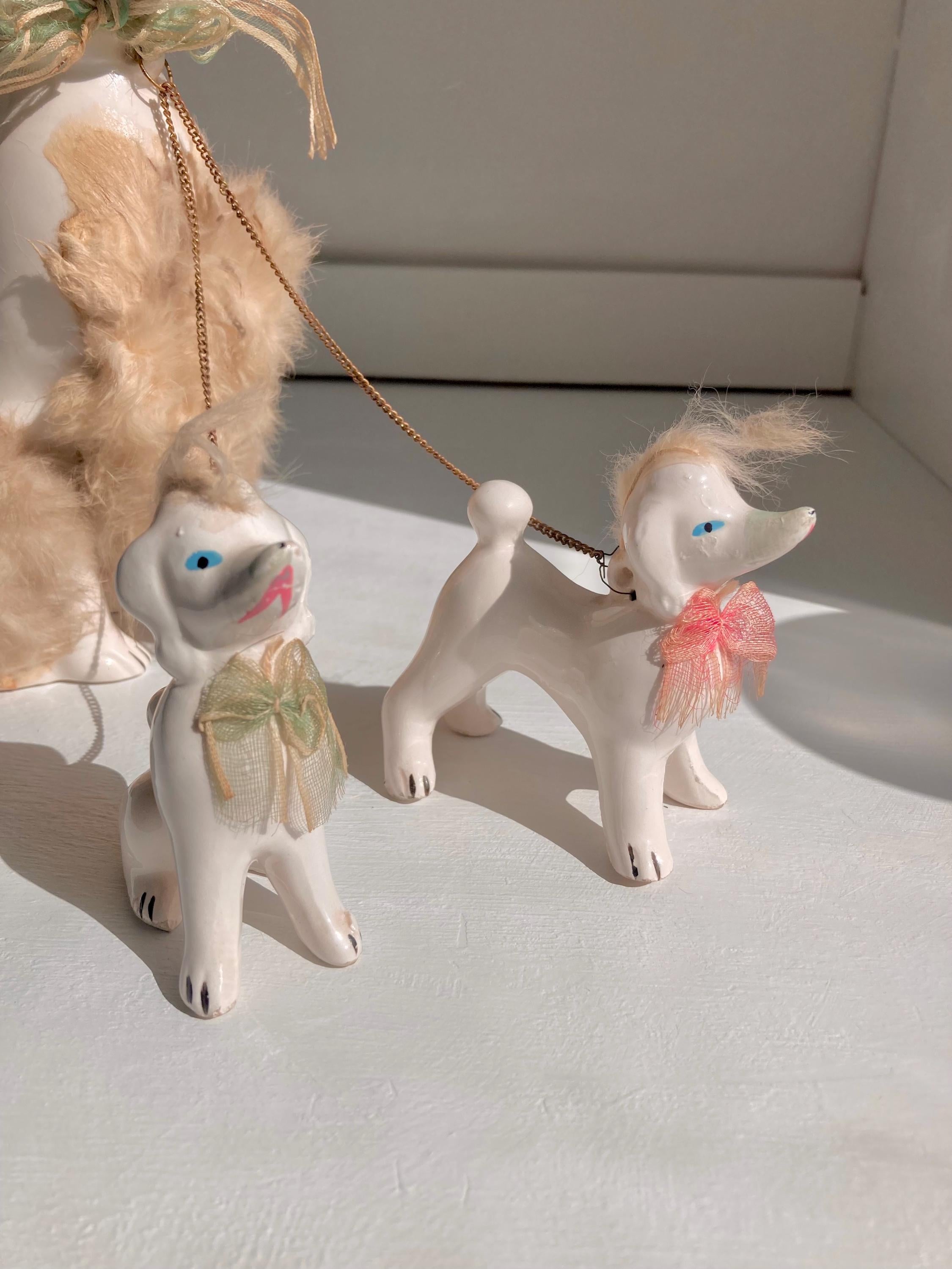 Midcentury Anthropomorphic Ceramic White Poodle mom + 2 pups - Japan
