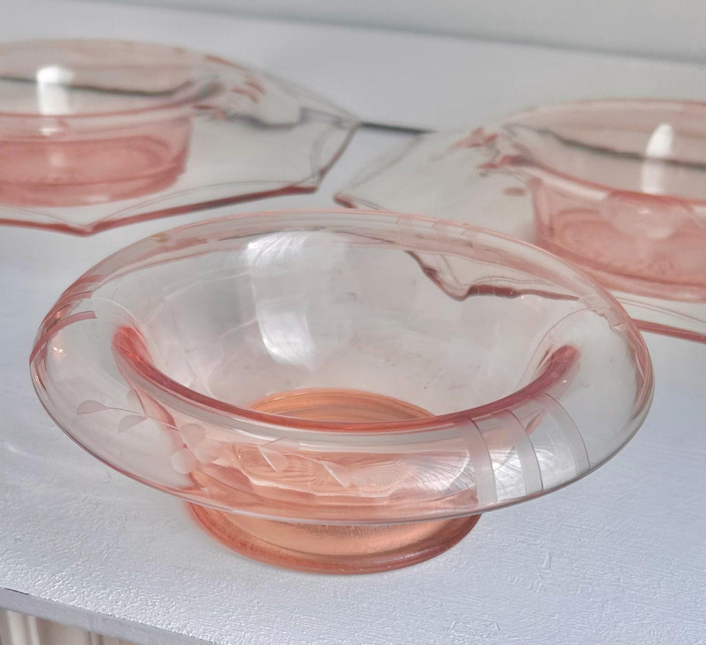 Vintage Pink Depression Glass Bowls – Etched Floral Rolled Rim, CHOICE