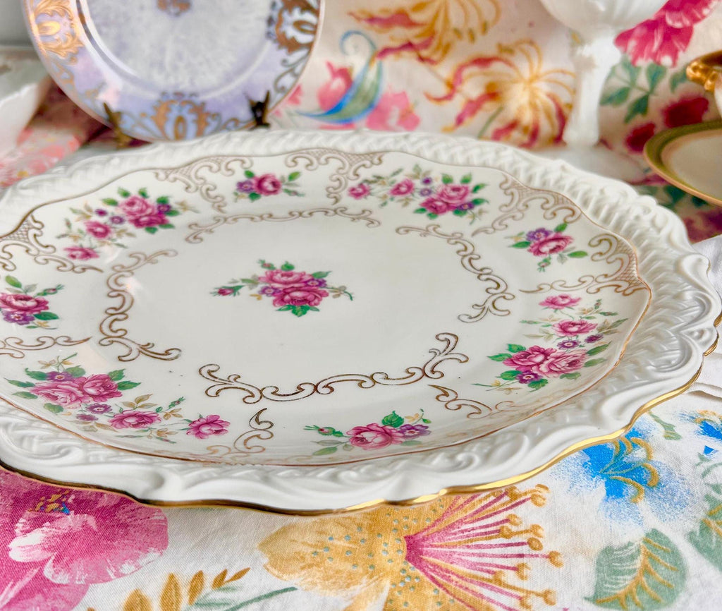Vintage Bavaria Porcelain Platter: 12" Floral Basketweave Gold Trim