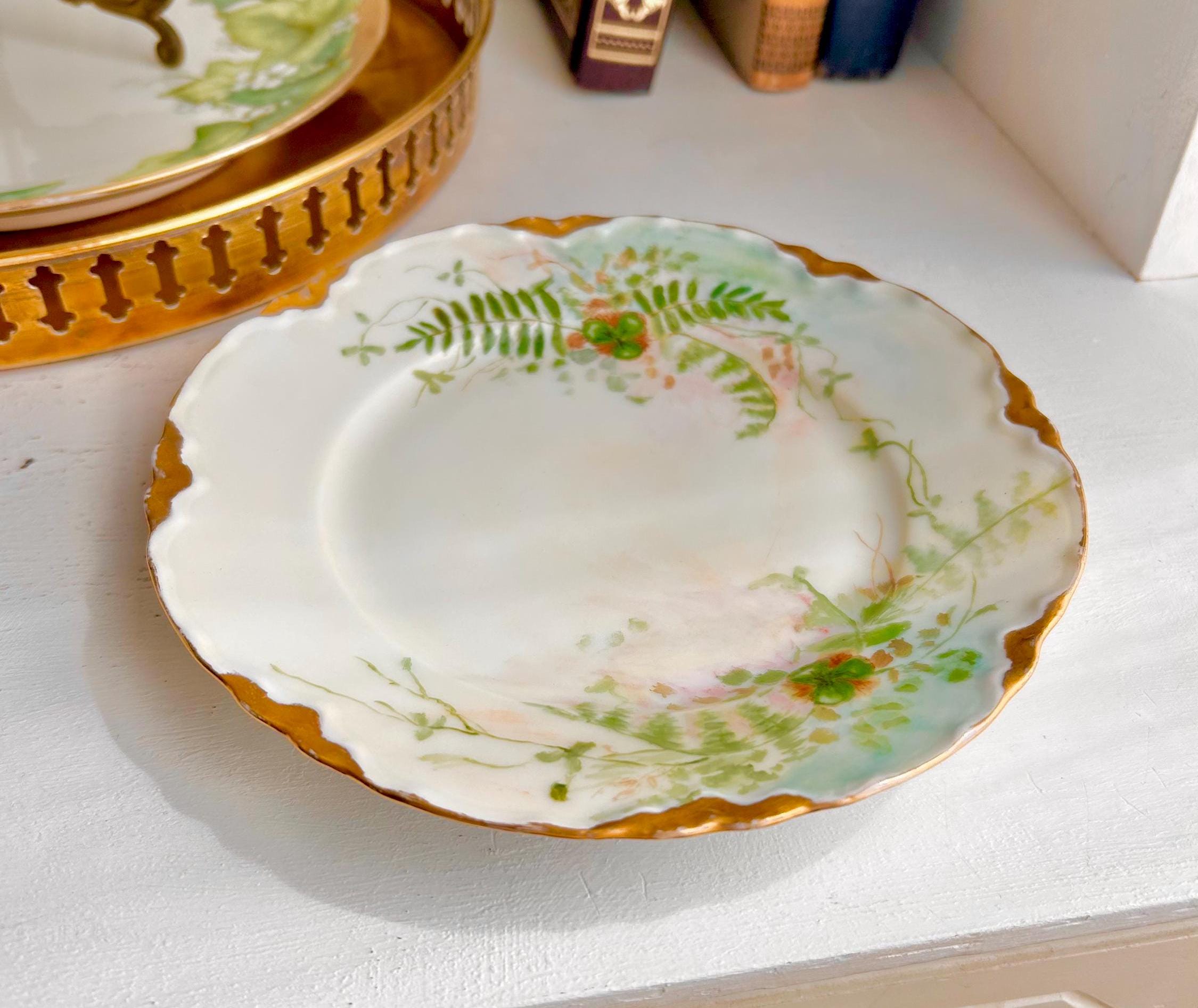 Vintage Bavaria Porcelain Plate: Shamrock Fern Leaf Gold Trim Detail