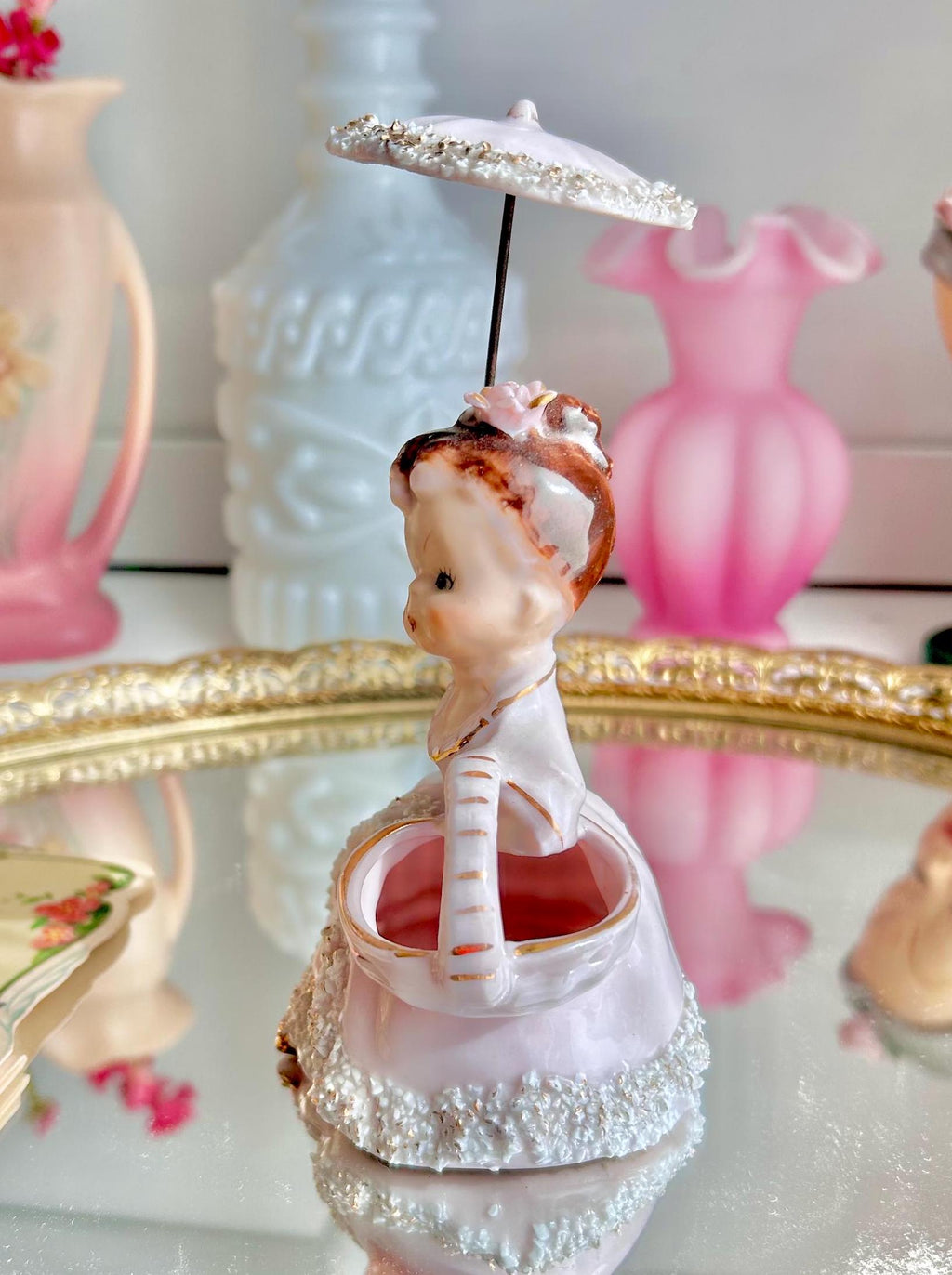 Vintage Spaghetti Porcelain Girl Figurine: Pink Dress, Parasol, Basket Vase (Hairline Crack)