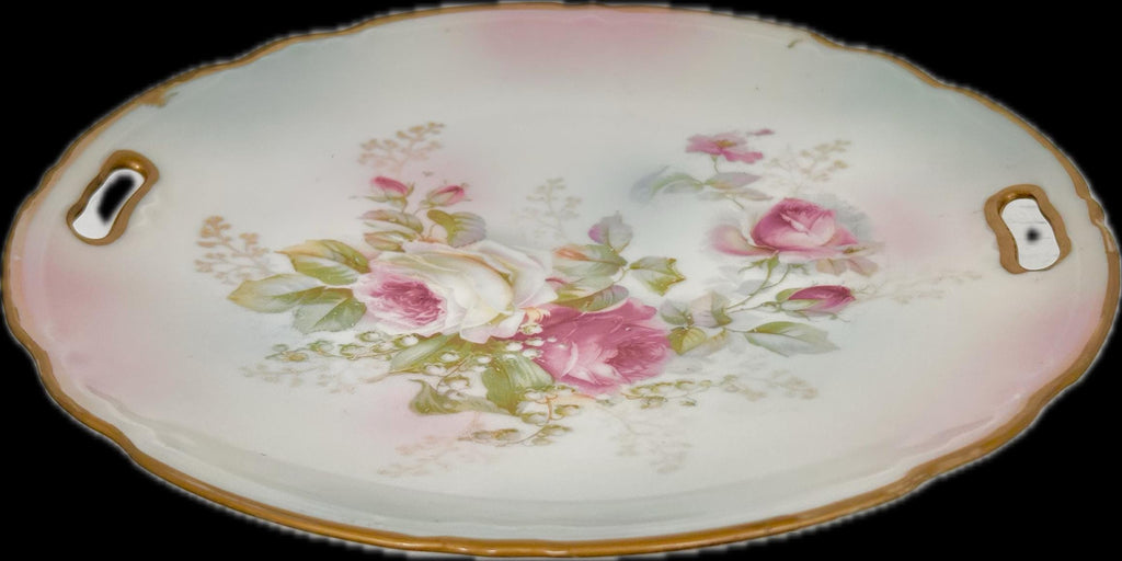 Vintage Round Porcelain Transferware Platter with Open Handles, Roses, Gold Trim