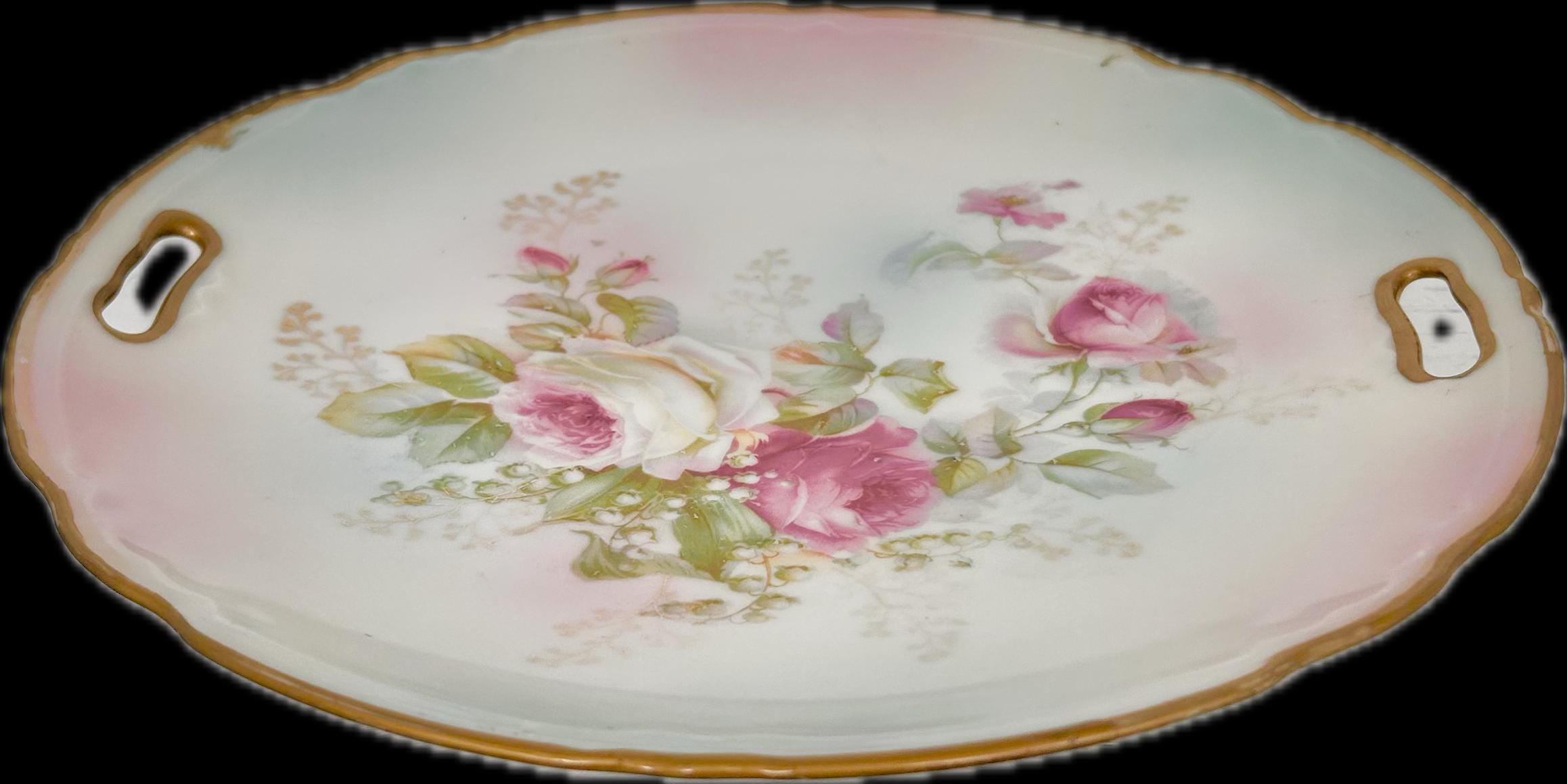 Vintage Round Porcelain Transferware Platter with Open Handles, Roses, Gold Trim